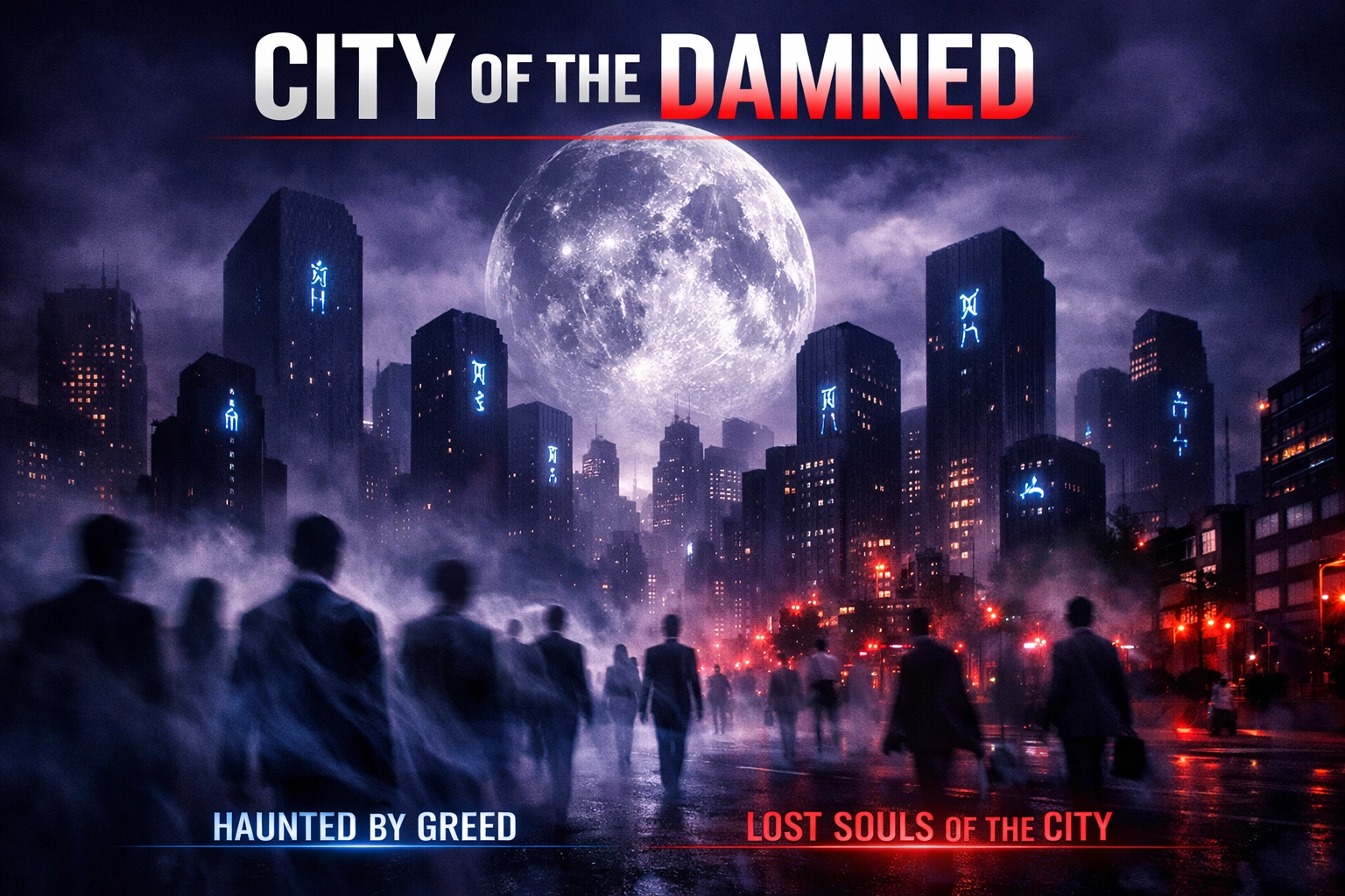 City buildings as tombstones under a moon, depicting the status of citizens as dead entities in the law.