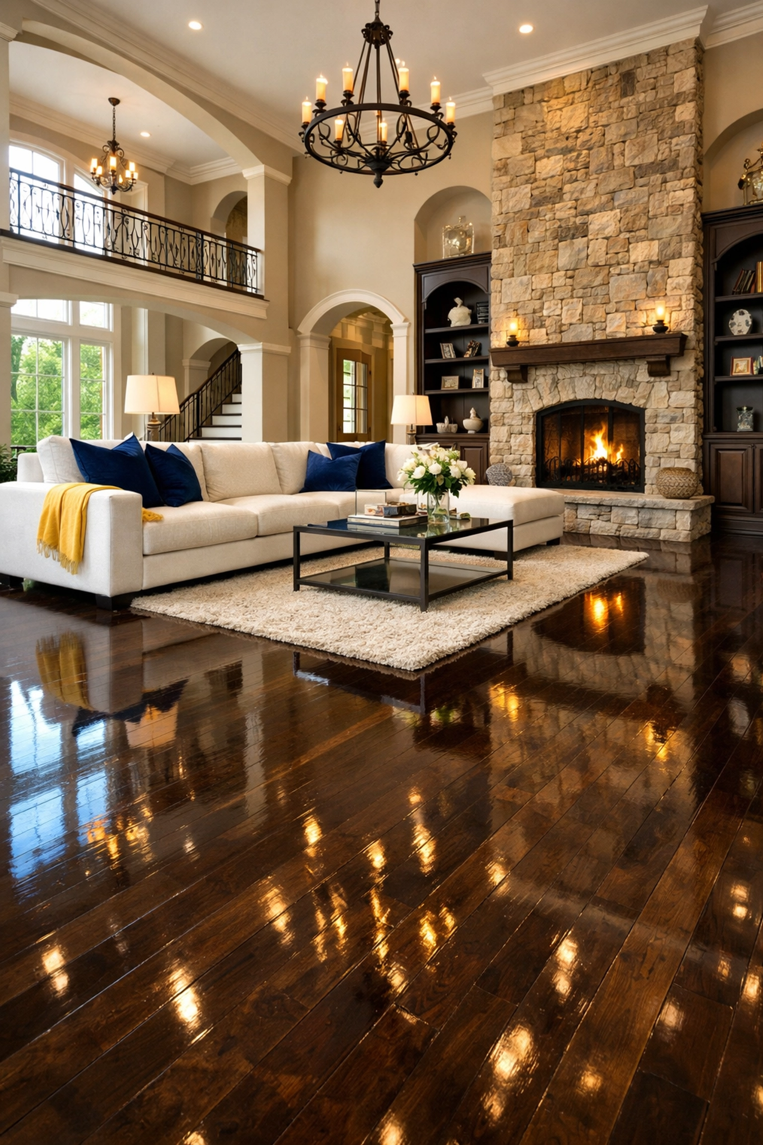 Impeccably clean Lincoln estate living room with polished floors and a dust-free interior.