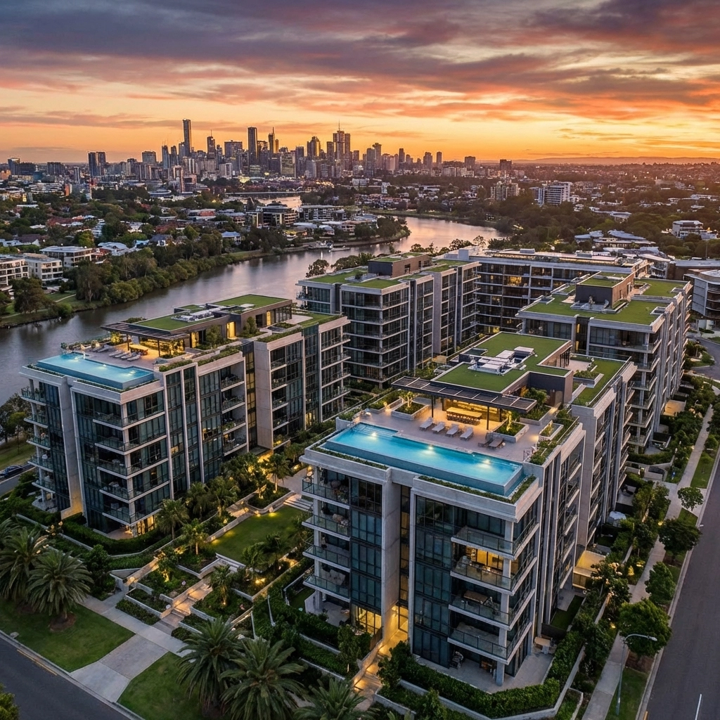 Aerial view of luxury apartment complex at sunset, highlighting multifamily real estate opportunities for portfolio growth.
