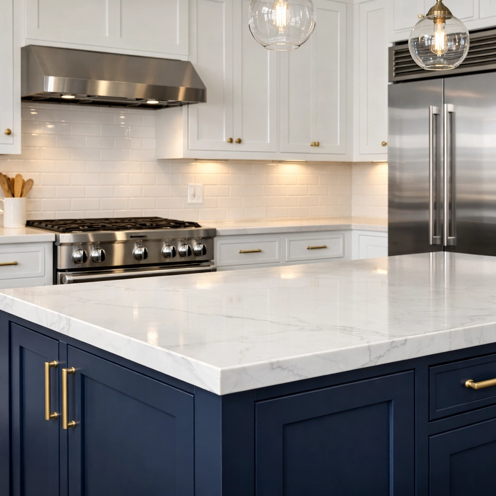 Deep cleaned luxury kitchen in Bolton featuring sanitized white cabinets and sparkling stainless steel appliances.