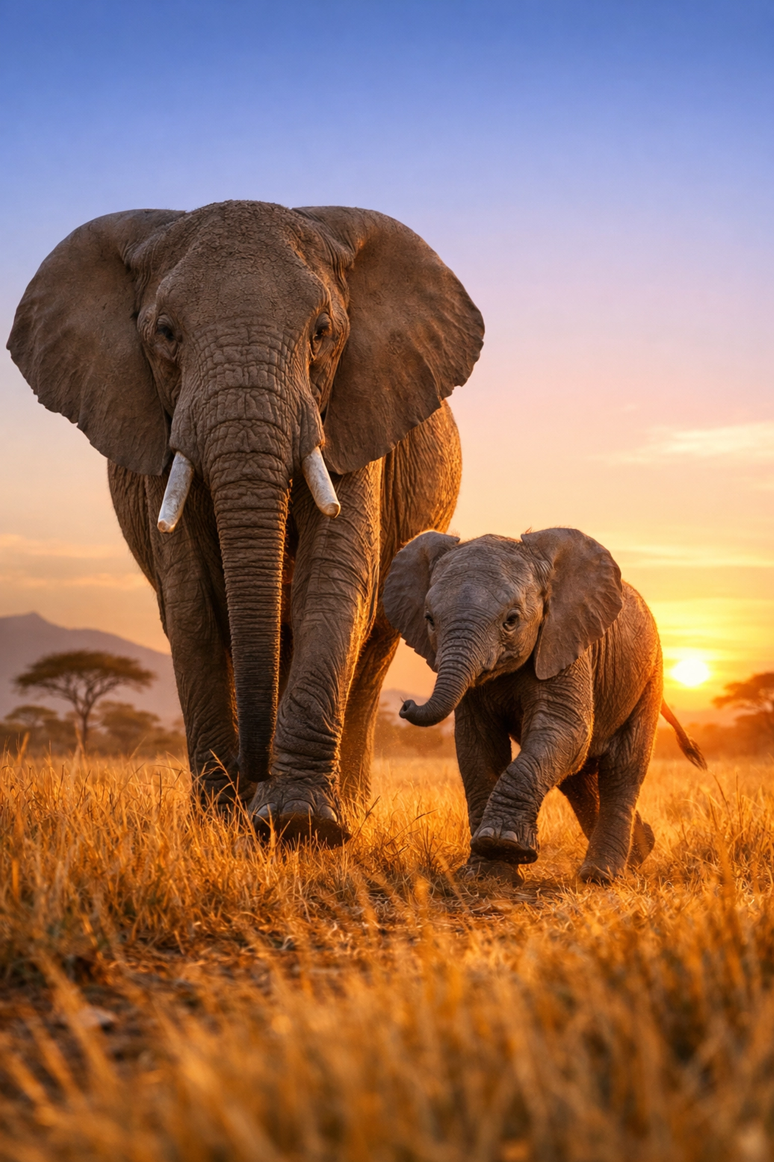 Mother elephant and her calf walking in a golden savanna, representing a thriving wild ecosystem.