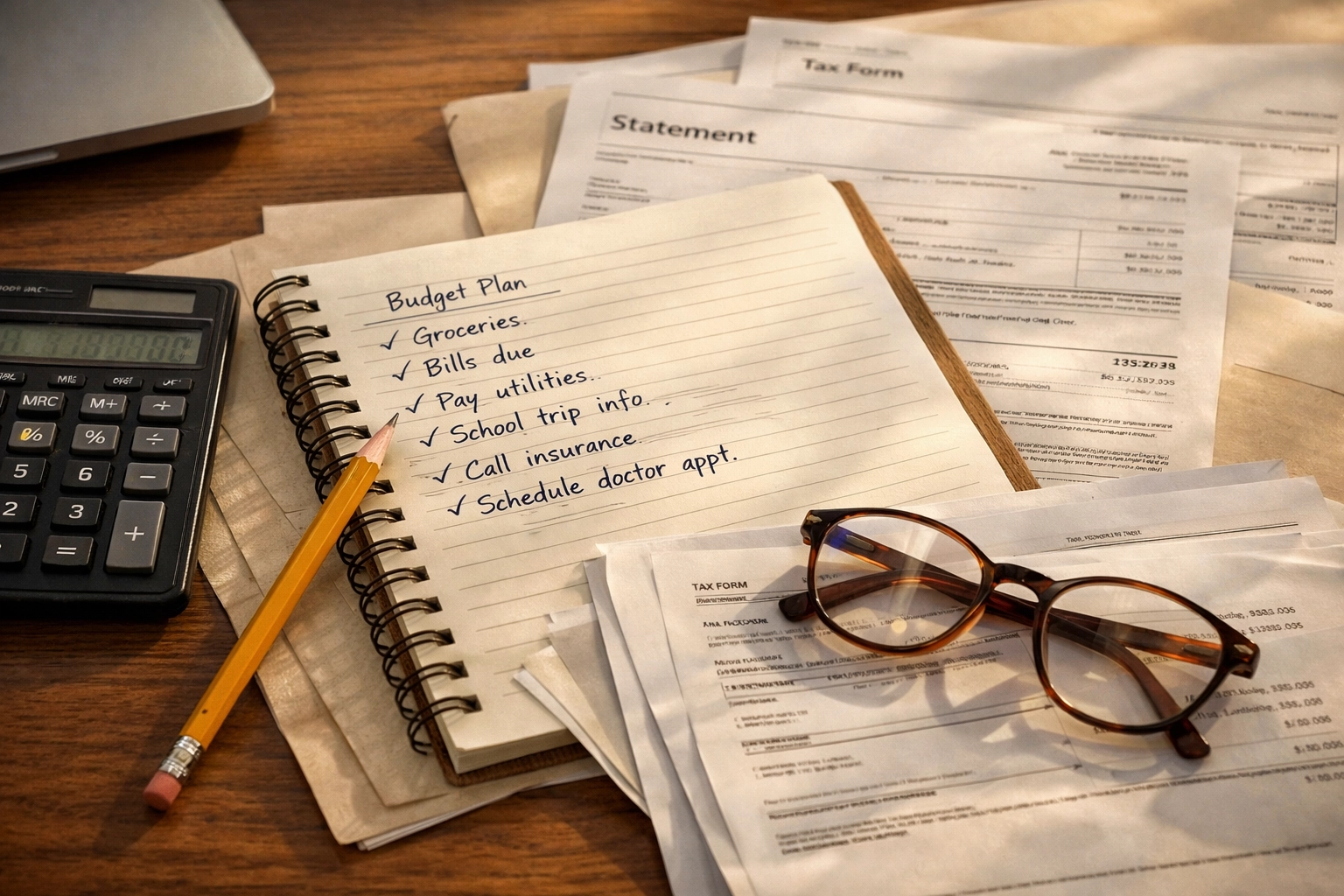 Workspace with calculator and tax documents for TEFA application planning