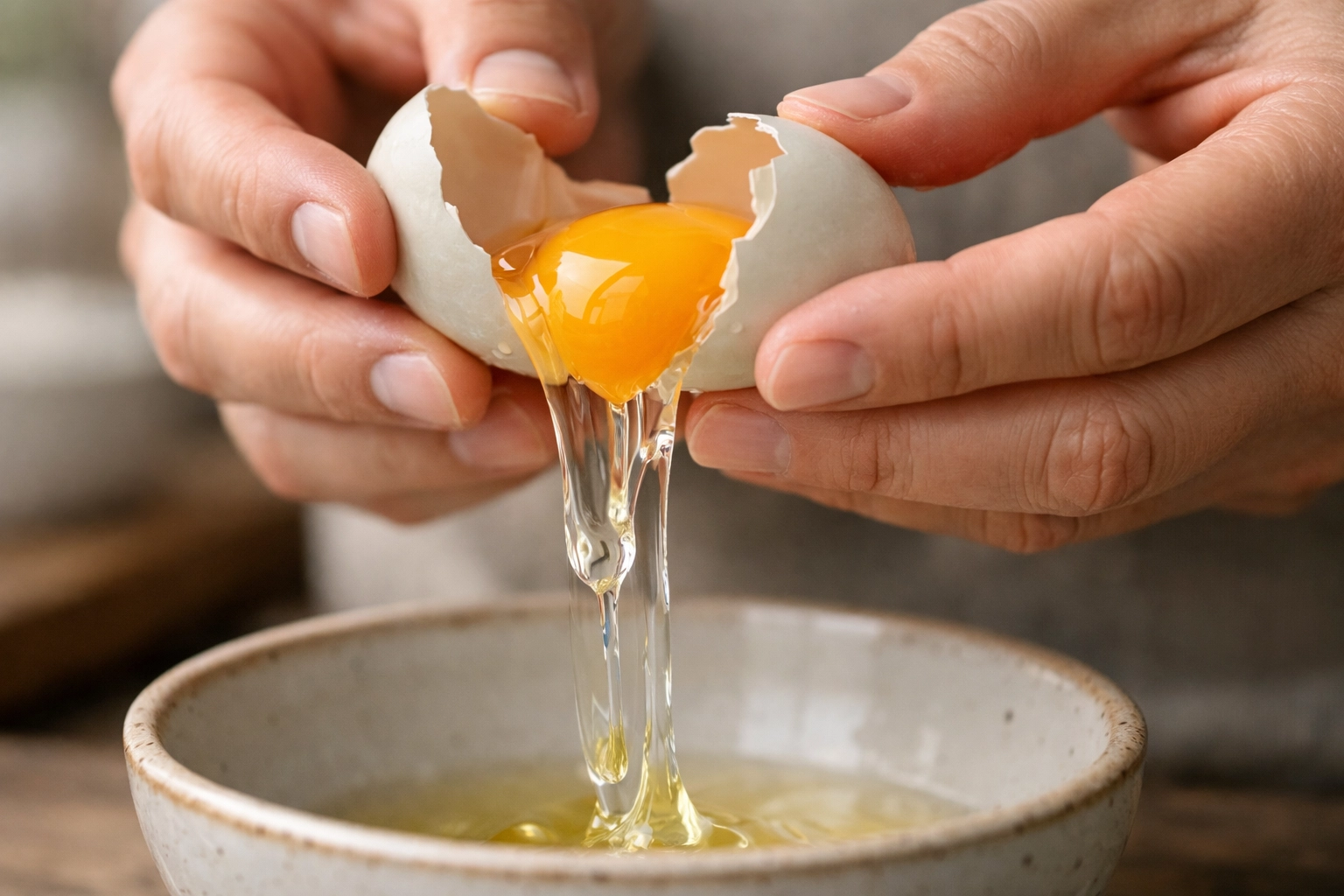 Duck egg being cracked into a bowl—thick yolk and glossy whites (chef move for baking and pasta).