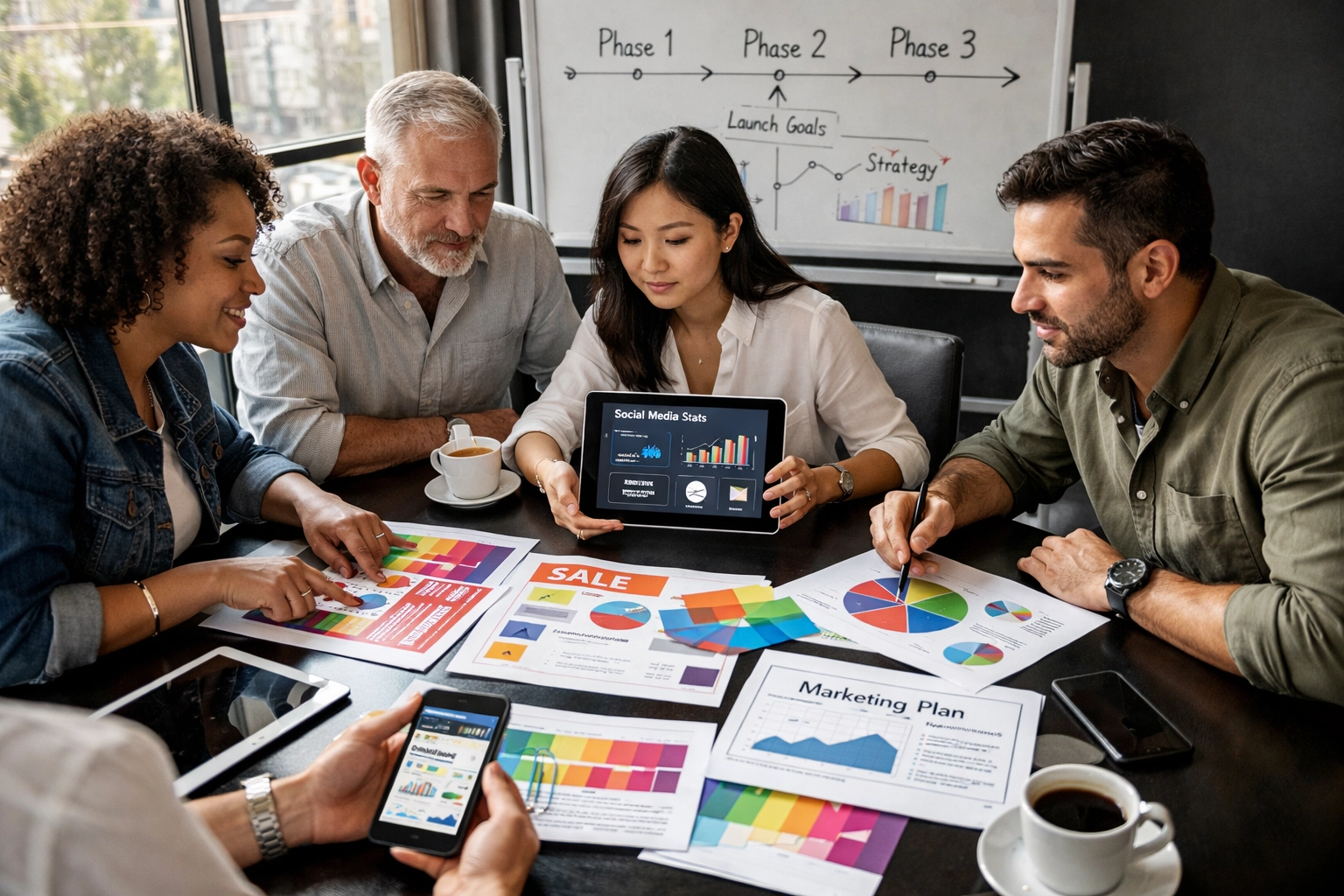 Small business owners planning Super Bowl marketing strategy around conference table