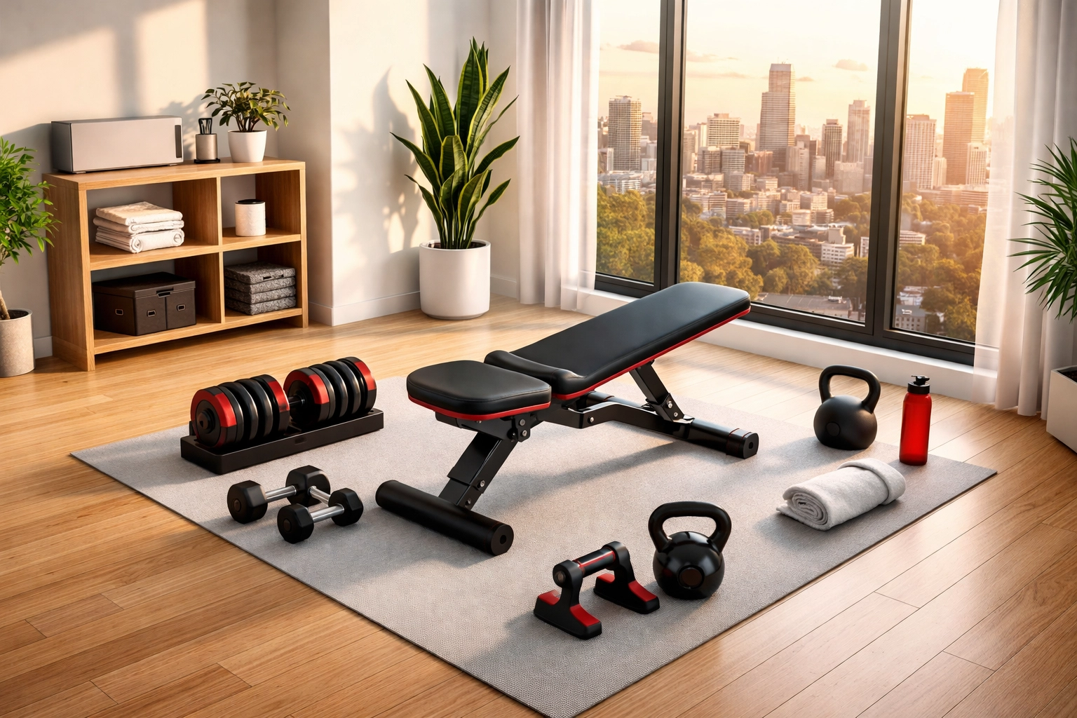 Minimalist home gym setup with portable fitness equipment, showing a no-drill solution for effective home workouts.