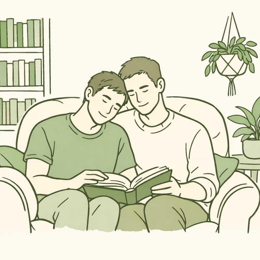 Gay couple sharing a book in a quiet library, illustrating the joy of queer literary hobbies.