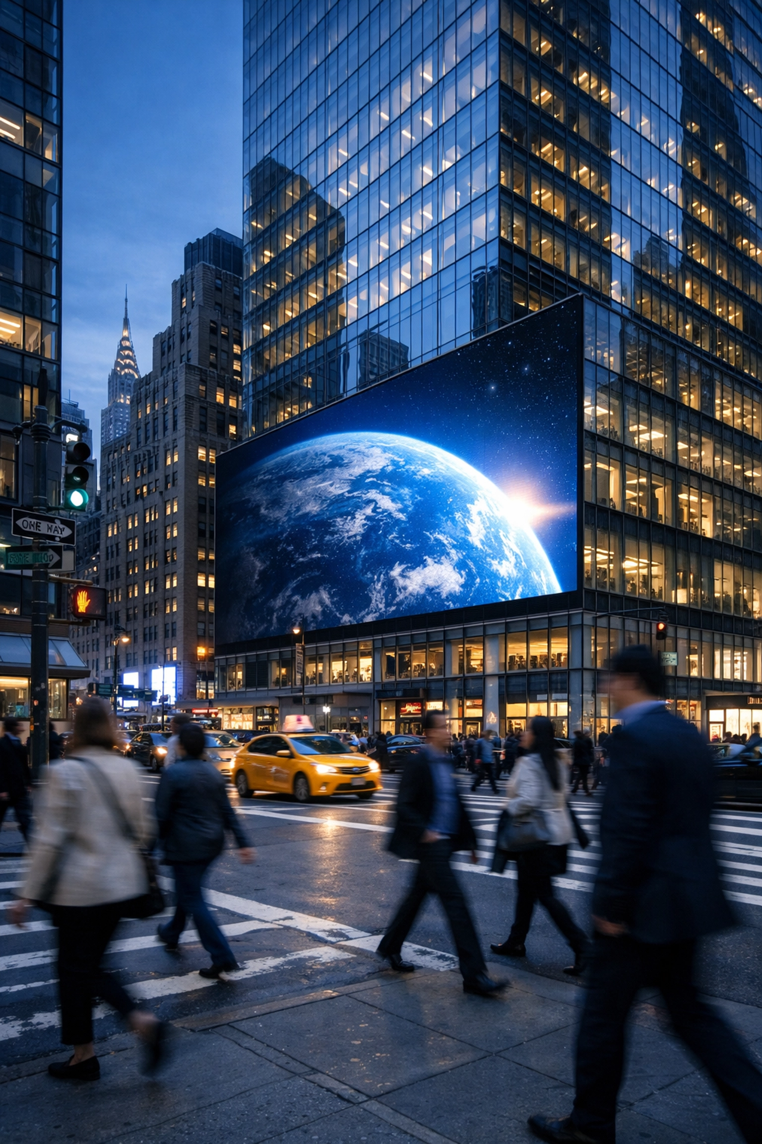 Large digital advertising screen on a modern Manhattan building in Midtown NYC at dusk.
