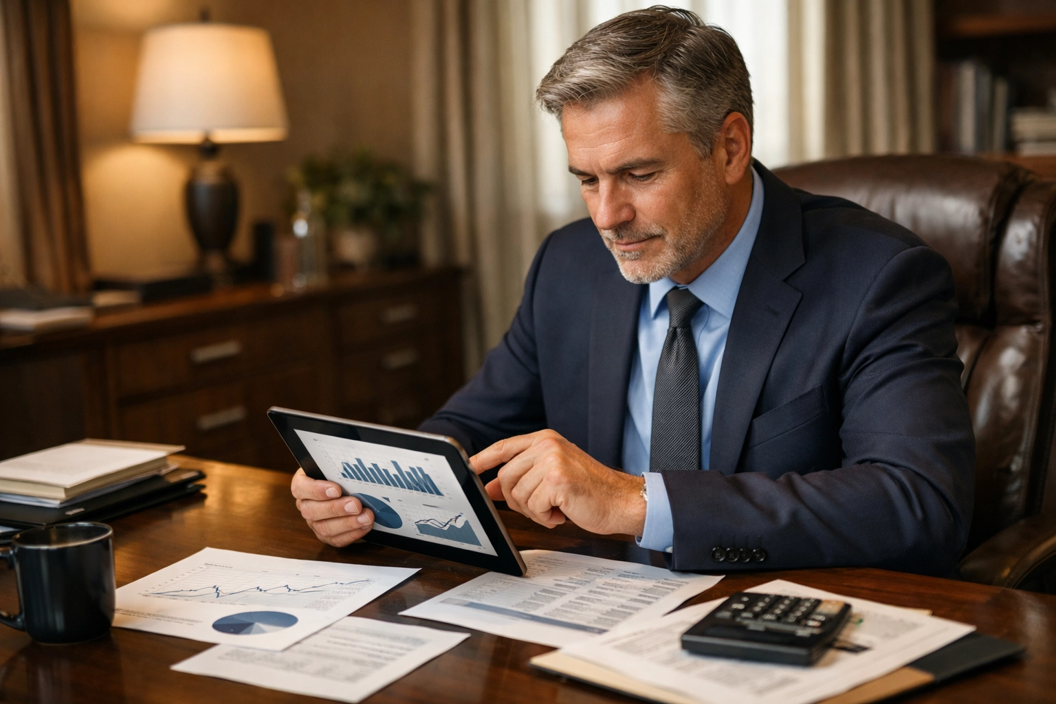 Executive reviewing college funding and 401(k) cap figures on a tablet