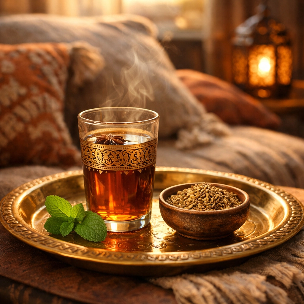 شاي اليانسون المغربي على صينية تقليدية لتعزيز الهضم وراحة القولون