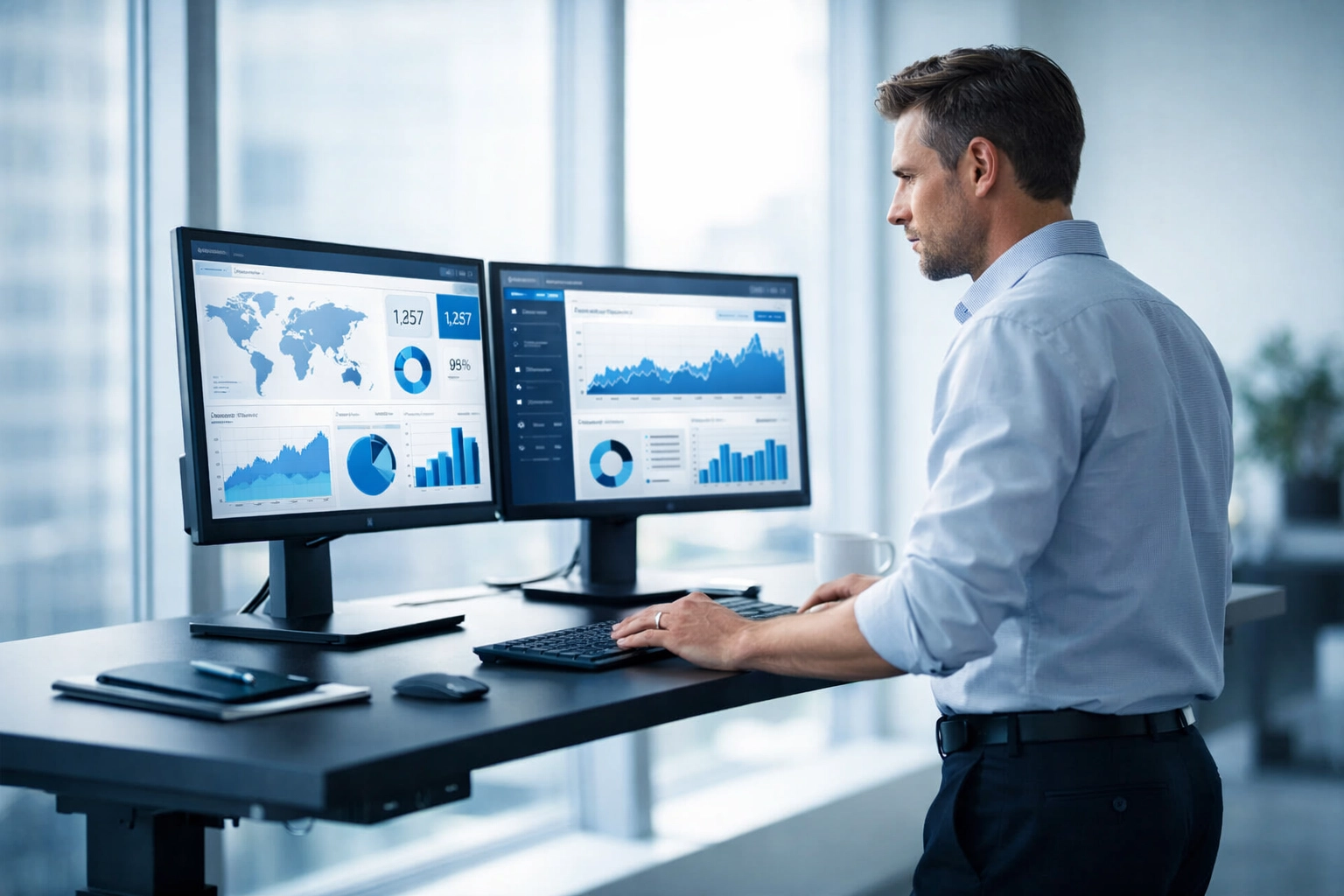 Business professional working with custom dashboard analytics on dual monitors