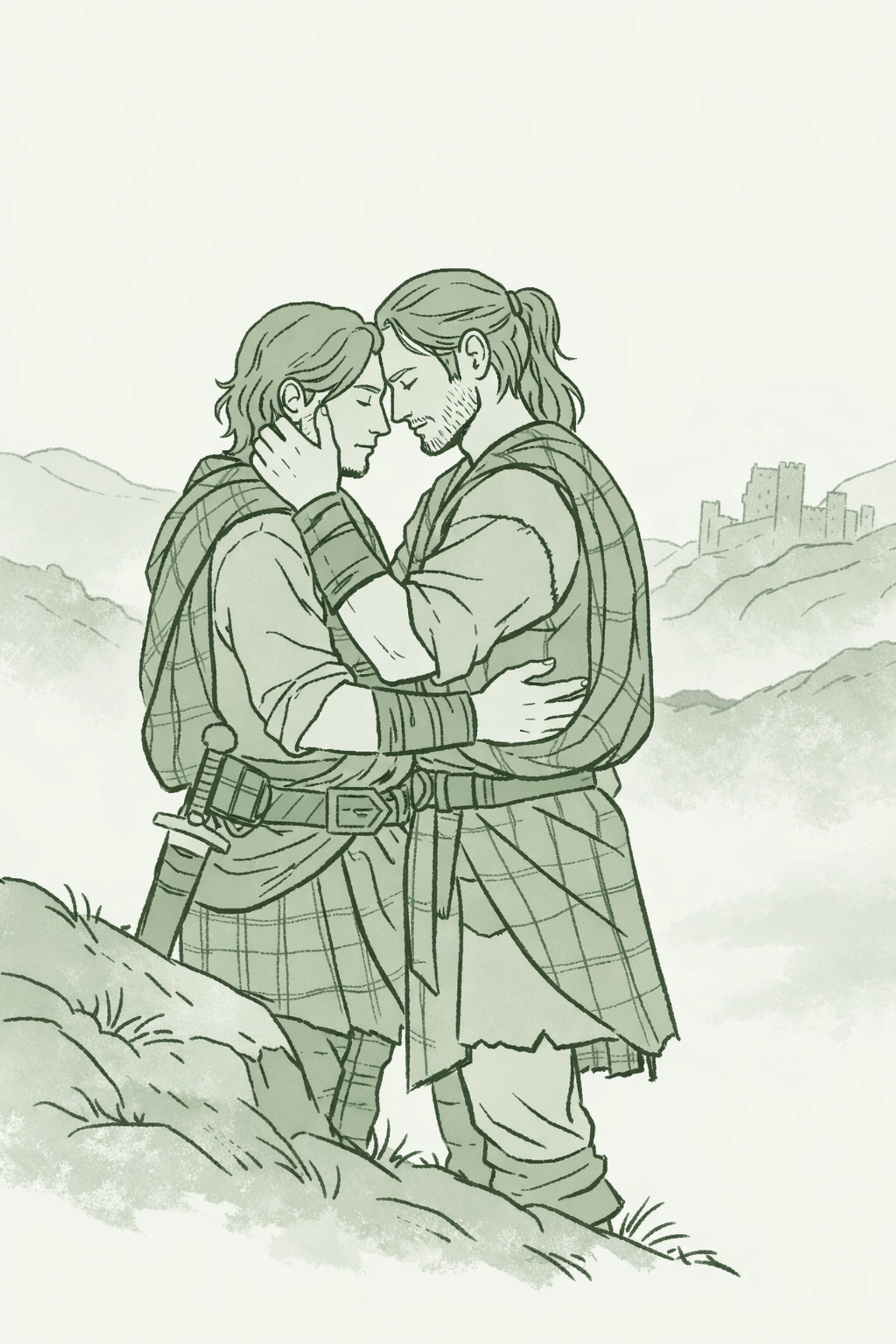 Two medieval Highland warriors embrace on misty Scottish cliff overlooking castle in MM romance