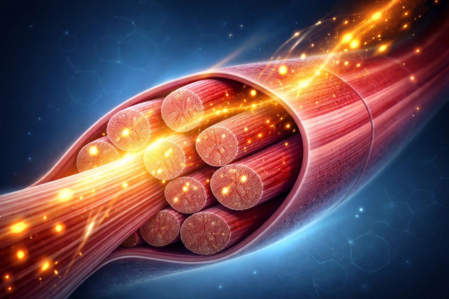Illustration showing muscle fibers absorbing nutrients after exercise for optimal recovery window