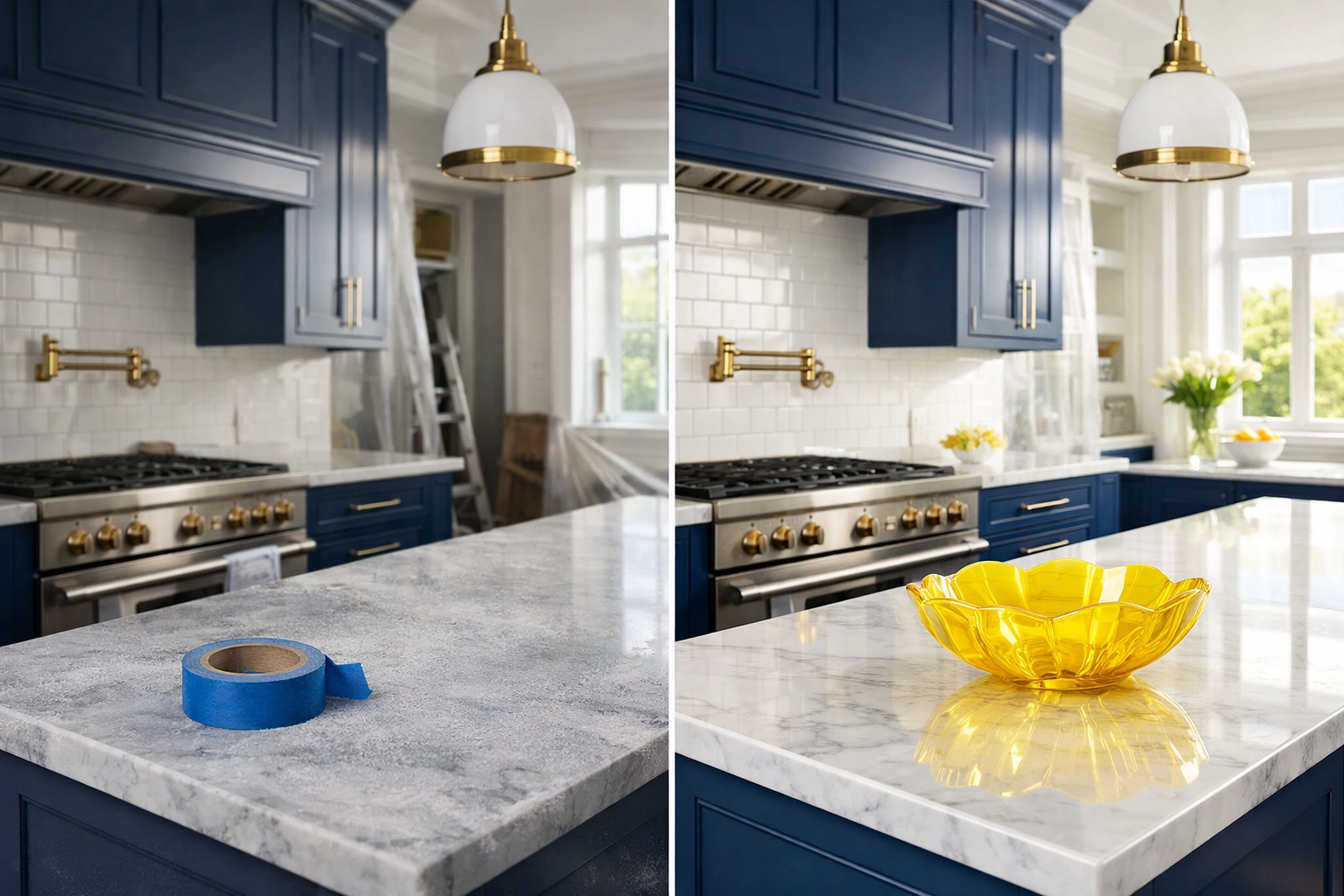 Before and after transformation showing professional post-construction cleaning MA in a luxury modern kitchen.