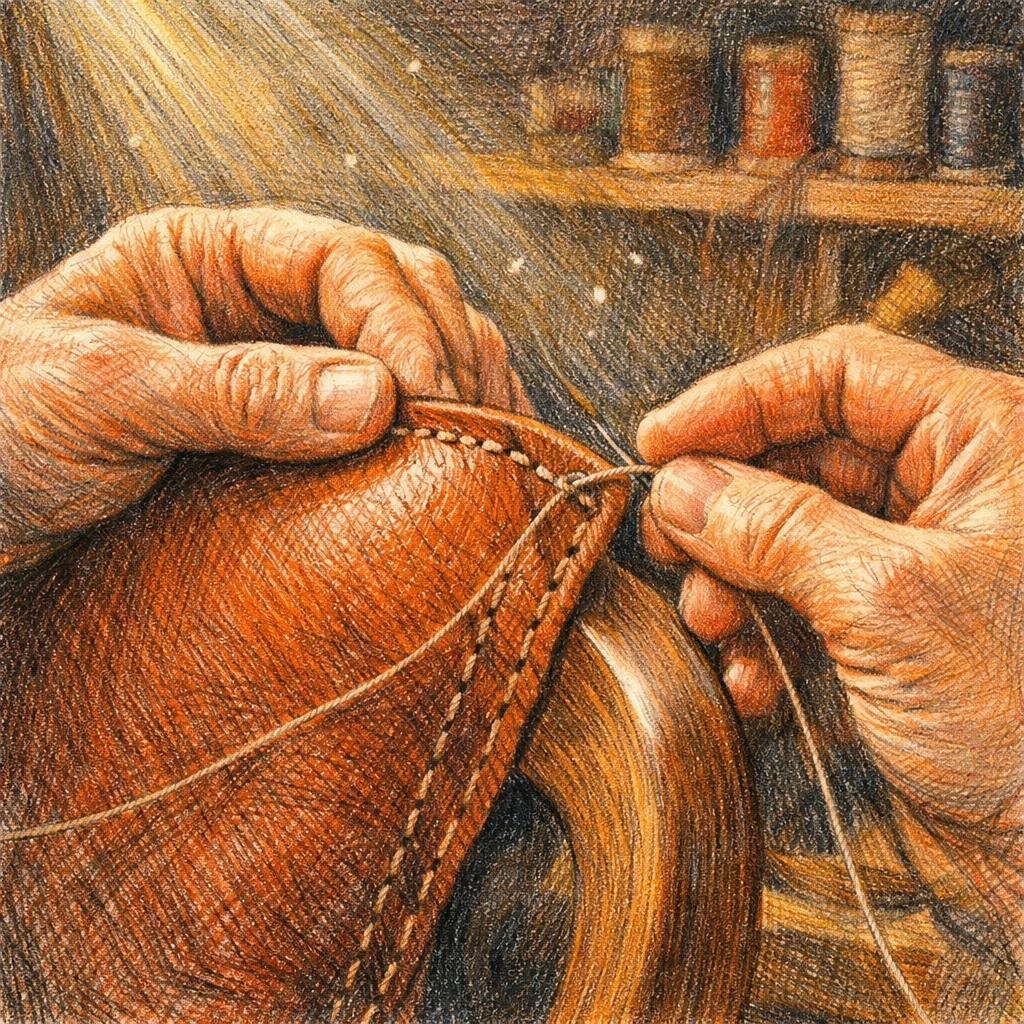 Artisan crafting leather furniture for sustainable hotel architecture and authentic interiors.