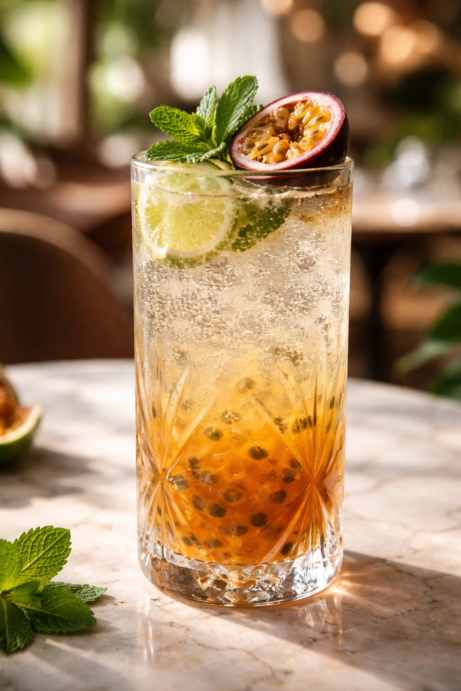 Vibrant passion fruit mocktail with fresh mint, ideal for inclusive non-alcoholic drink options at Uptown Lobby