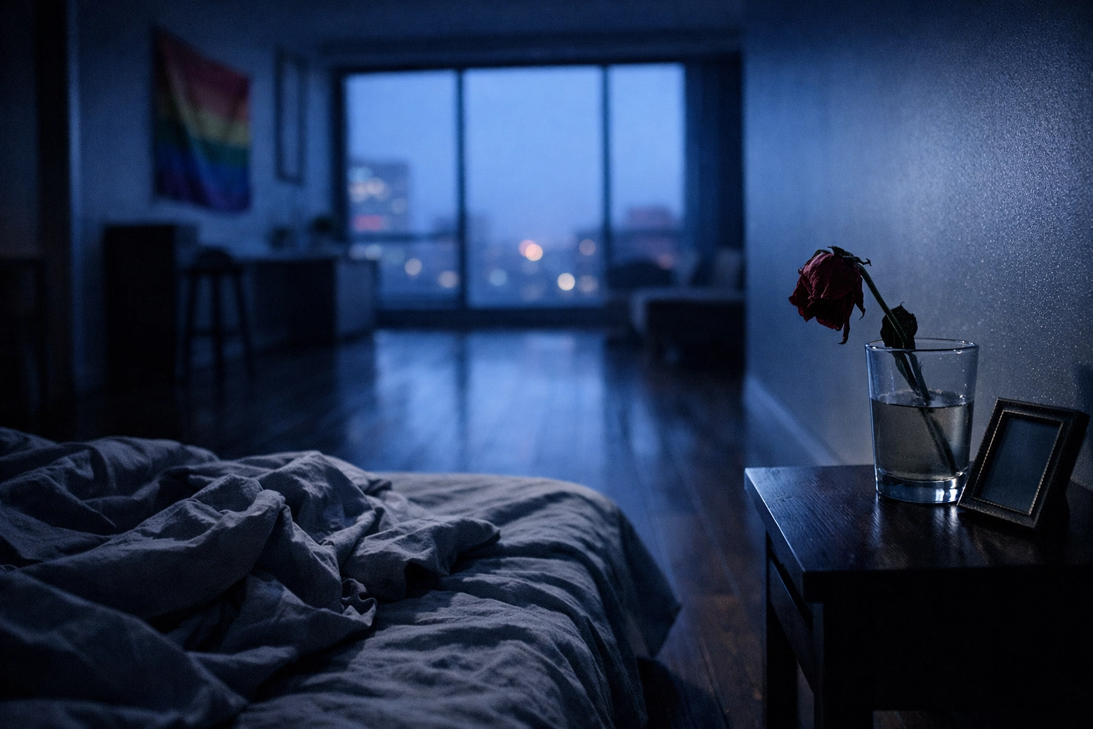 An empty bedroom at dusk with a wilted rose, representing the tragic consequences of drug addiction.