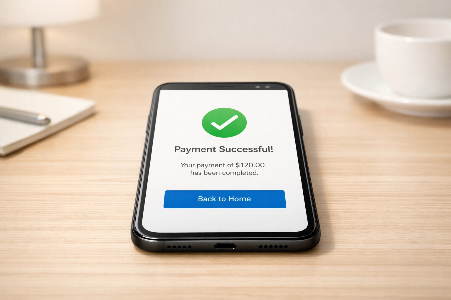 Mobile phone displaying digital payment confirmation on hotel room desk