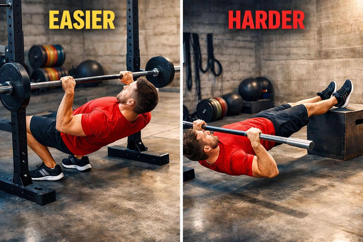 Inverted row progression showing beginner to advanced bodyweight exercise variations