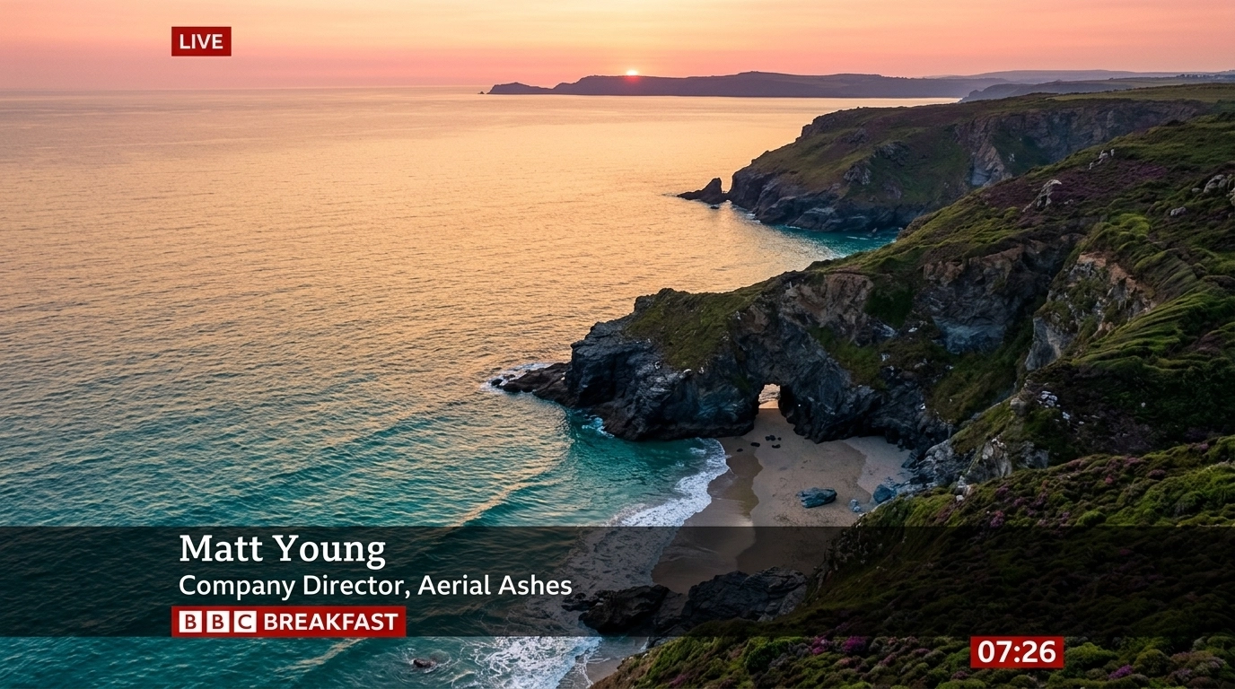 Aerial view of the rugged North Cornwall coastline near Trebarwith Strand at sunset