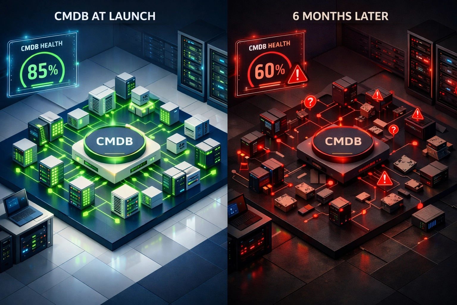 CMDB accuracy degradation from 85% to 60% without proper ServiceNow post-implementation support