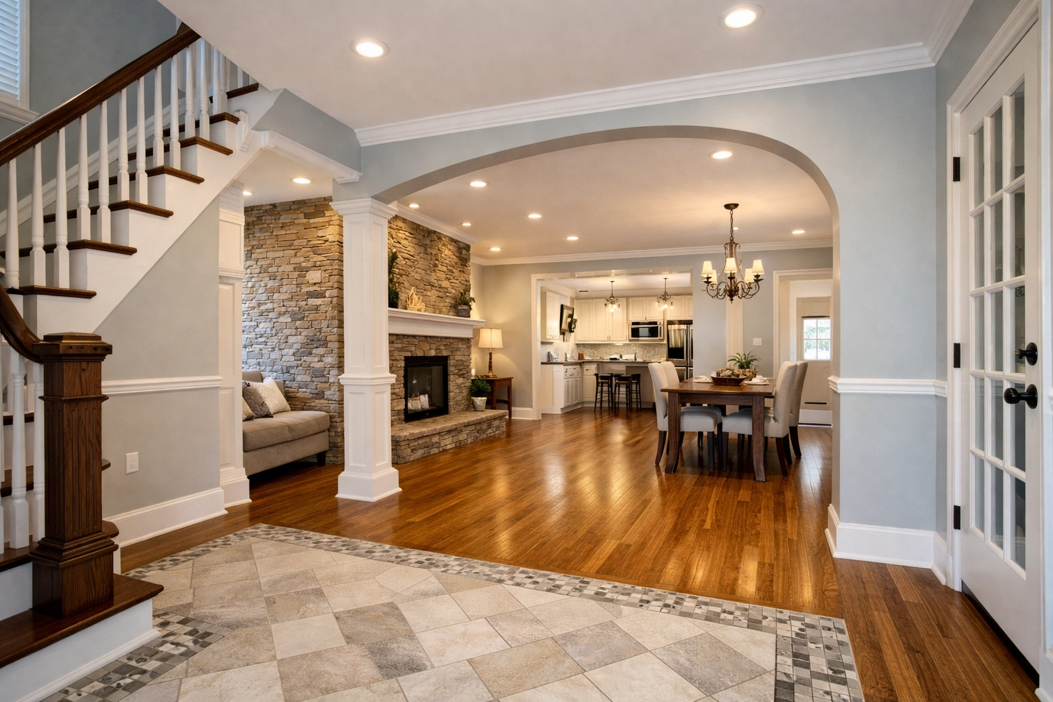 Finished home renovation in Reading, PA showing a seamless transition between tile and sustainable bamboo flooring.