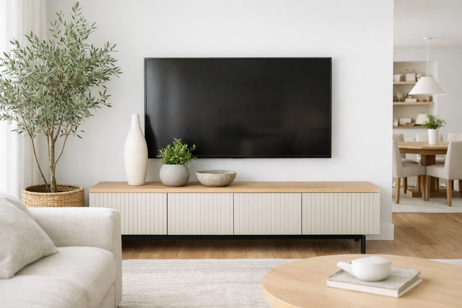 Sleek media console styled with modern decor and plants in a bright, airy contemporary living space.