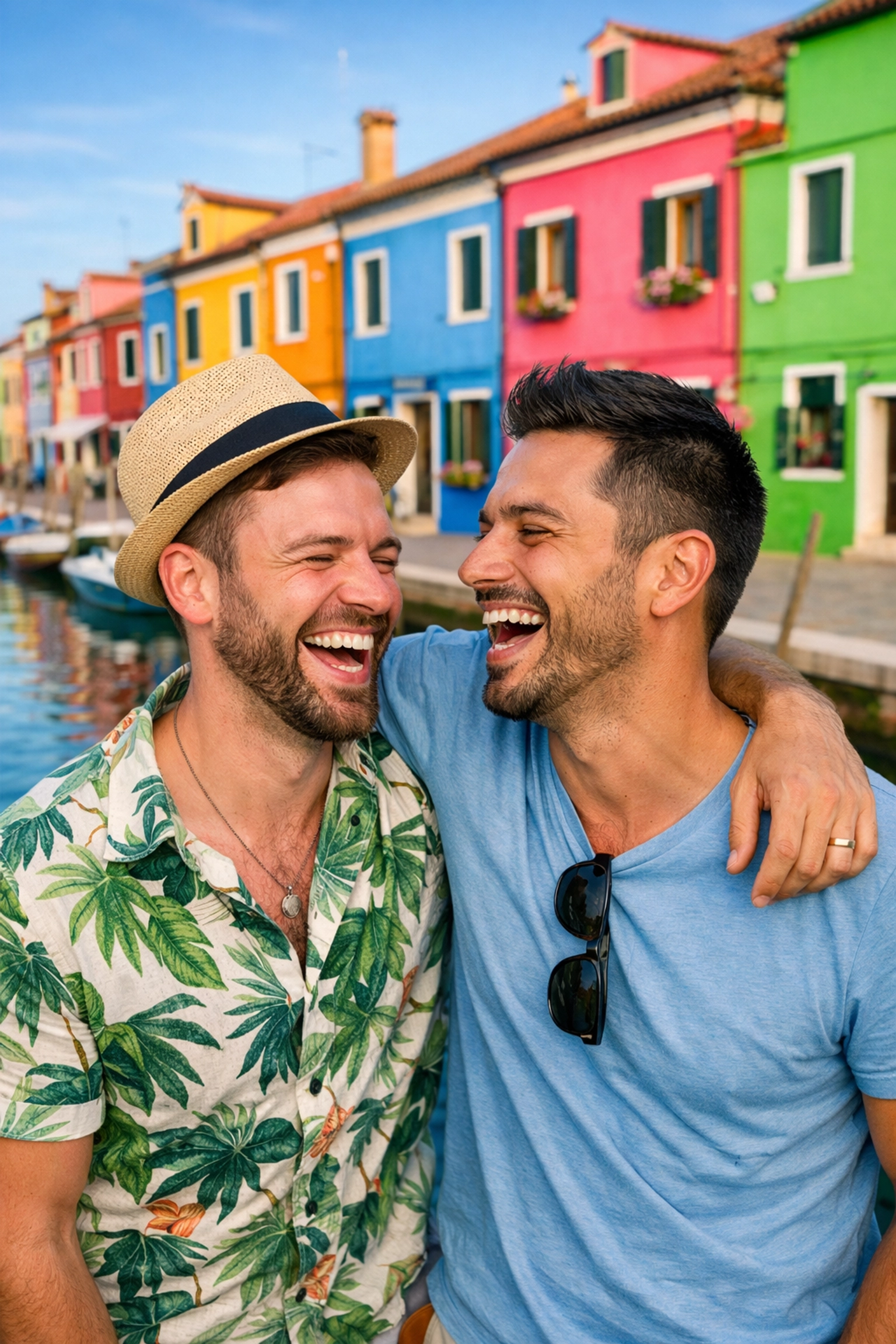 Gay couple celebrating honeymoon in front of colorful houses on Burano island Venice