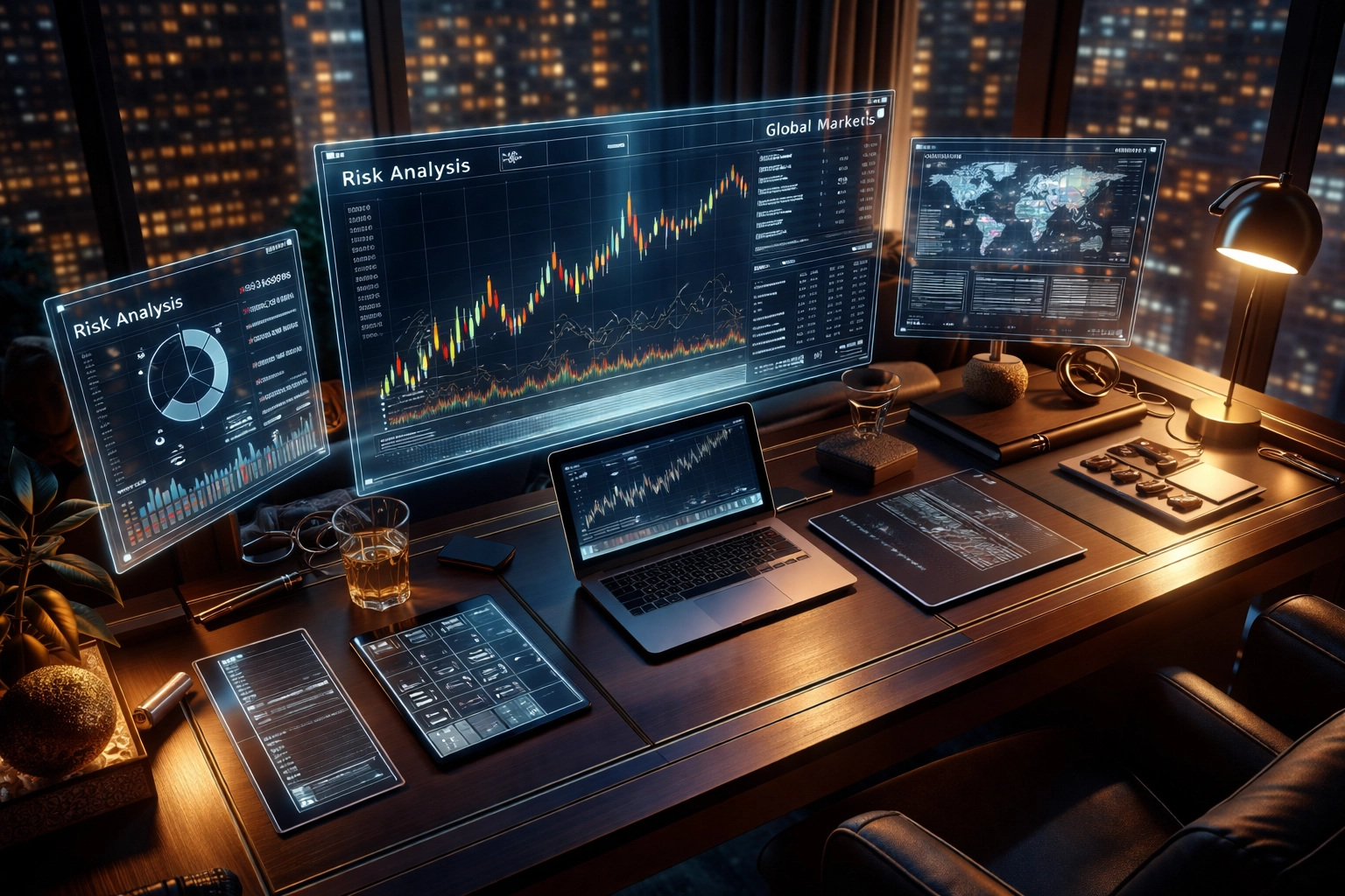 Investor desk with financial screens, city view, and wealth management tools for risk mitigation strategies in 2026