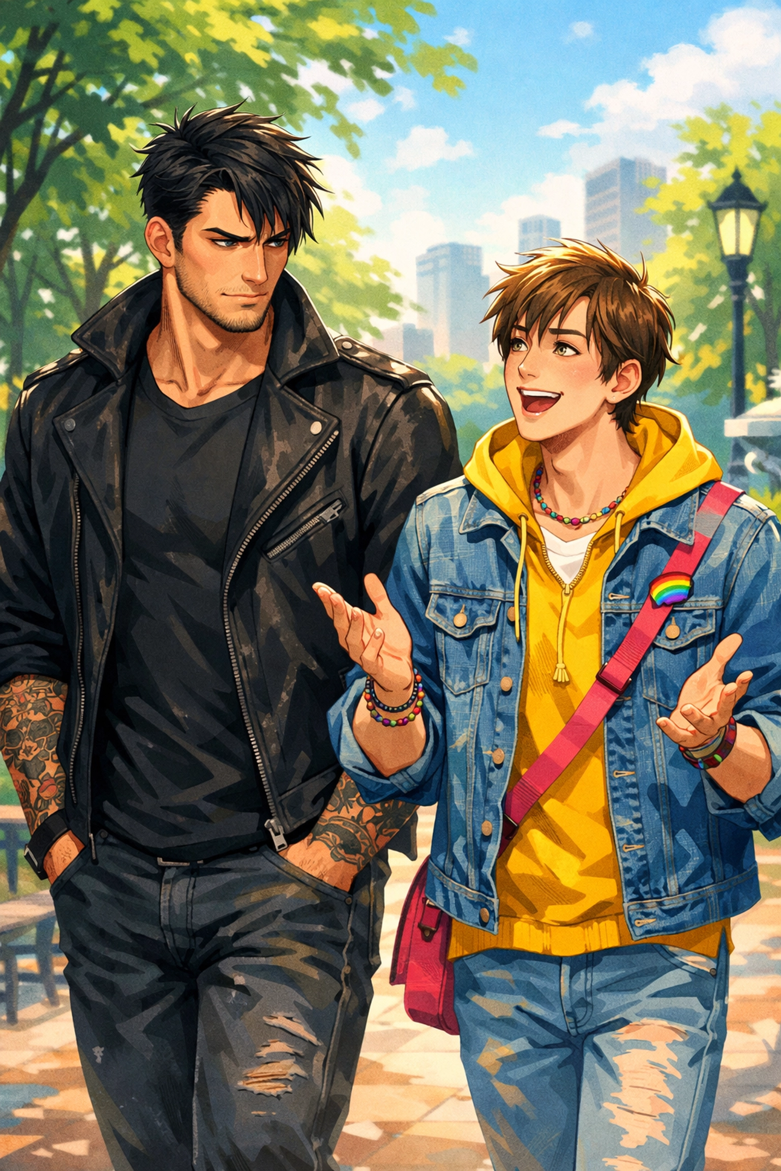 Illustration of the grumpy vs sunshine MM romance trope featuring a contrasting gay couple.