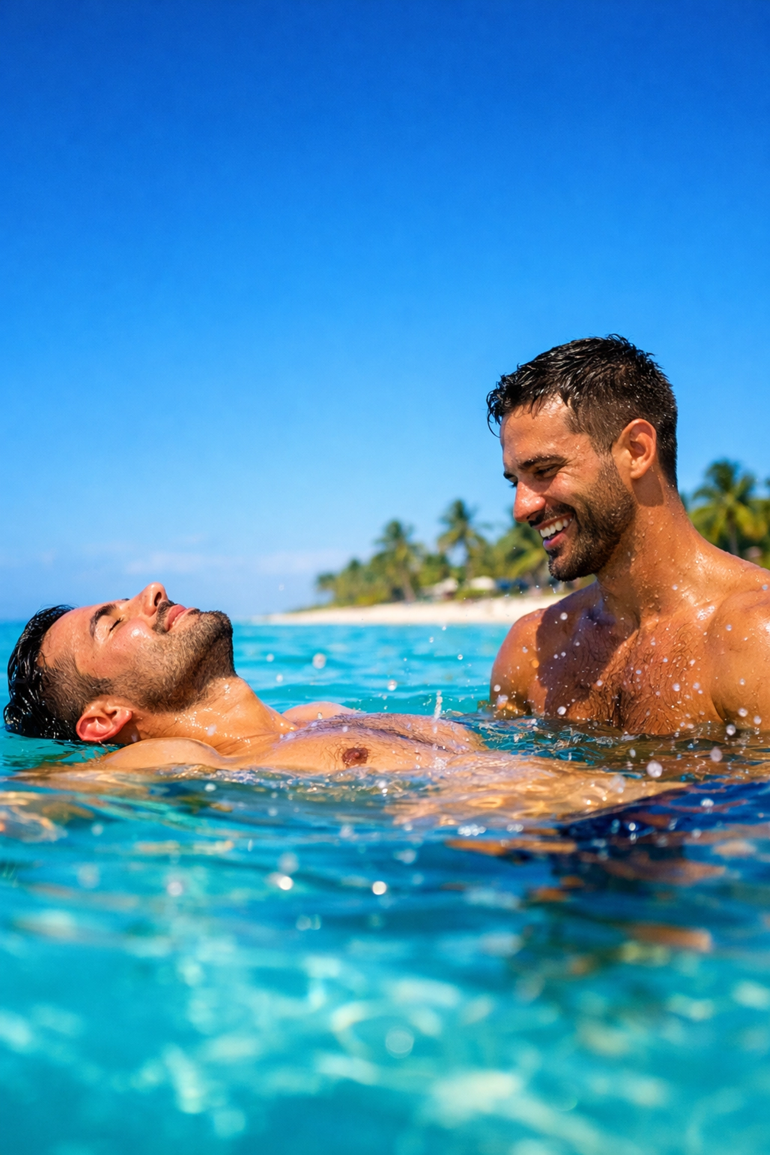 Gay couple enjoying turquoise Caribbean waters in Cancun Mexico