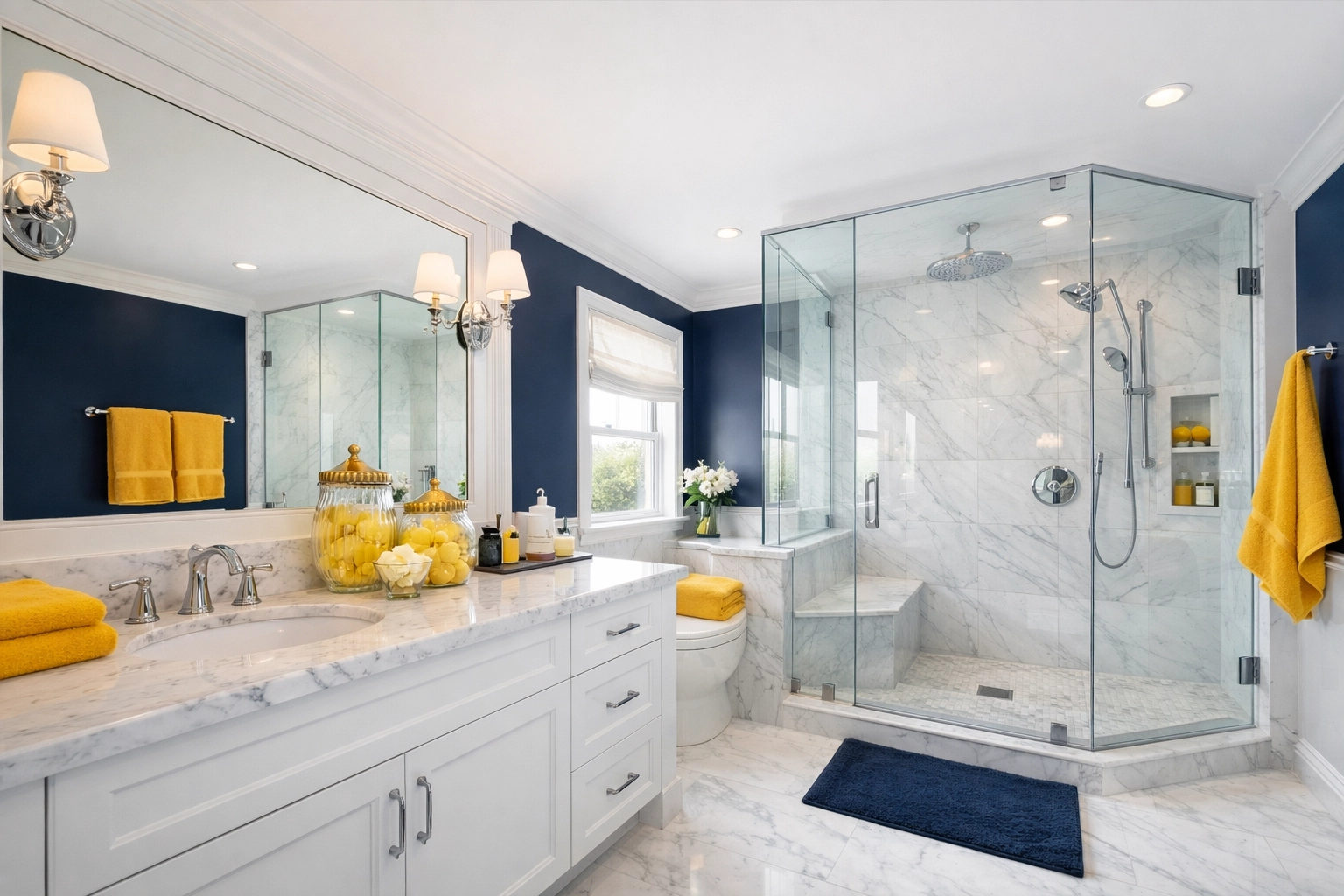 A sanitized luxury master bathroom in Acton MA with sparkling clean marble surfaces and chrome fixtures.
