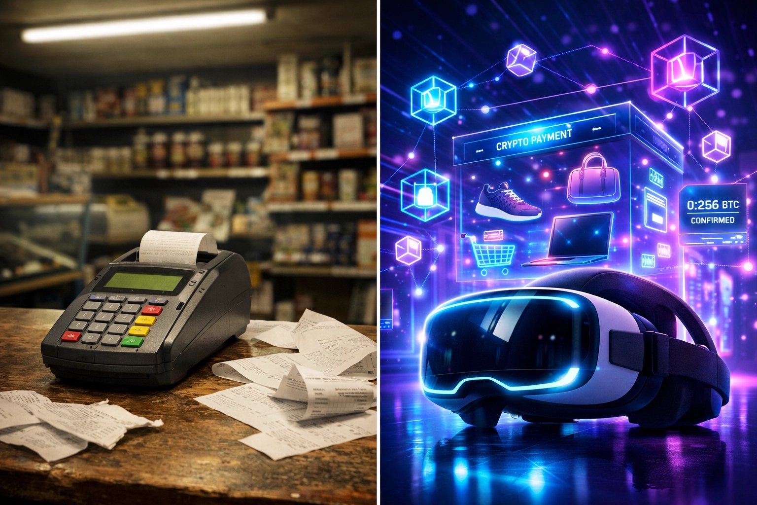Traditional payment terminal versus VR headset showing crypto-powered metaverse storefront comparison
