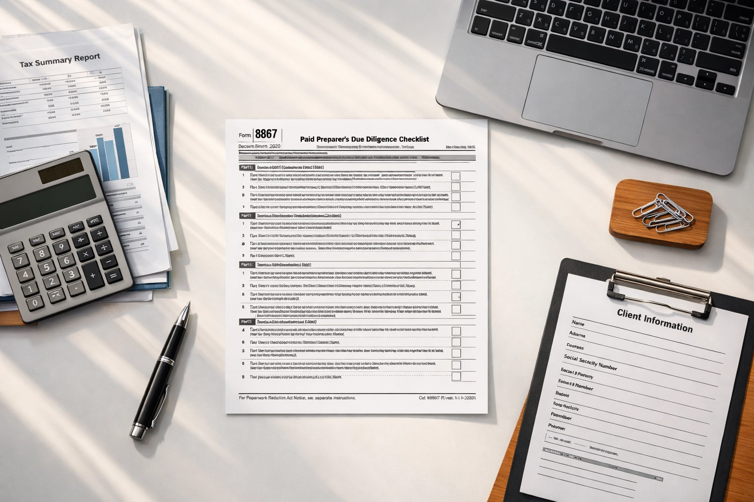 Tax preparer's desk with Form 8867 and documents for due diligence compliance