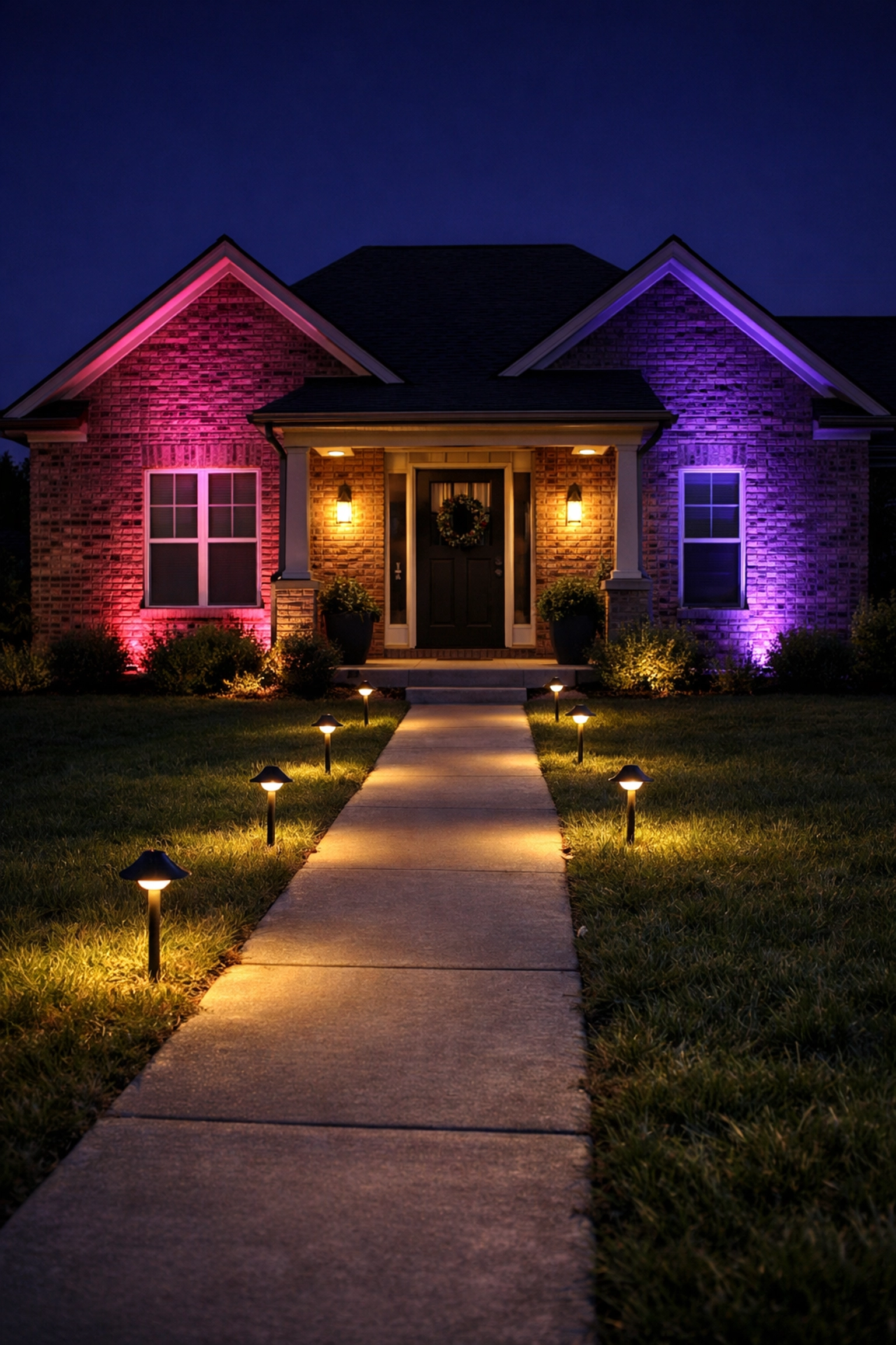 Professional permanent outdoor lighting with staggered path lights and subtle architectural highlights on a home facade.