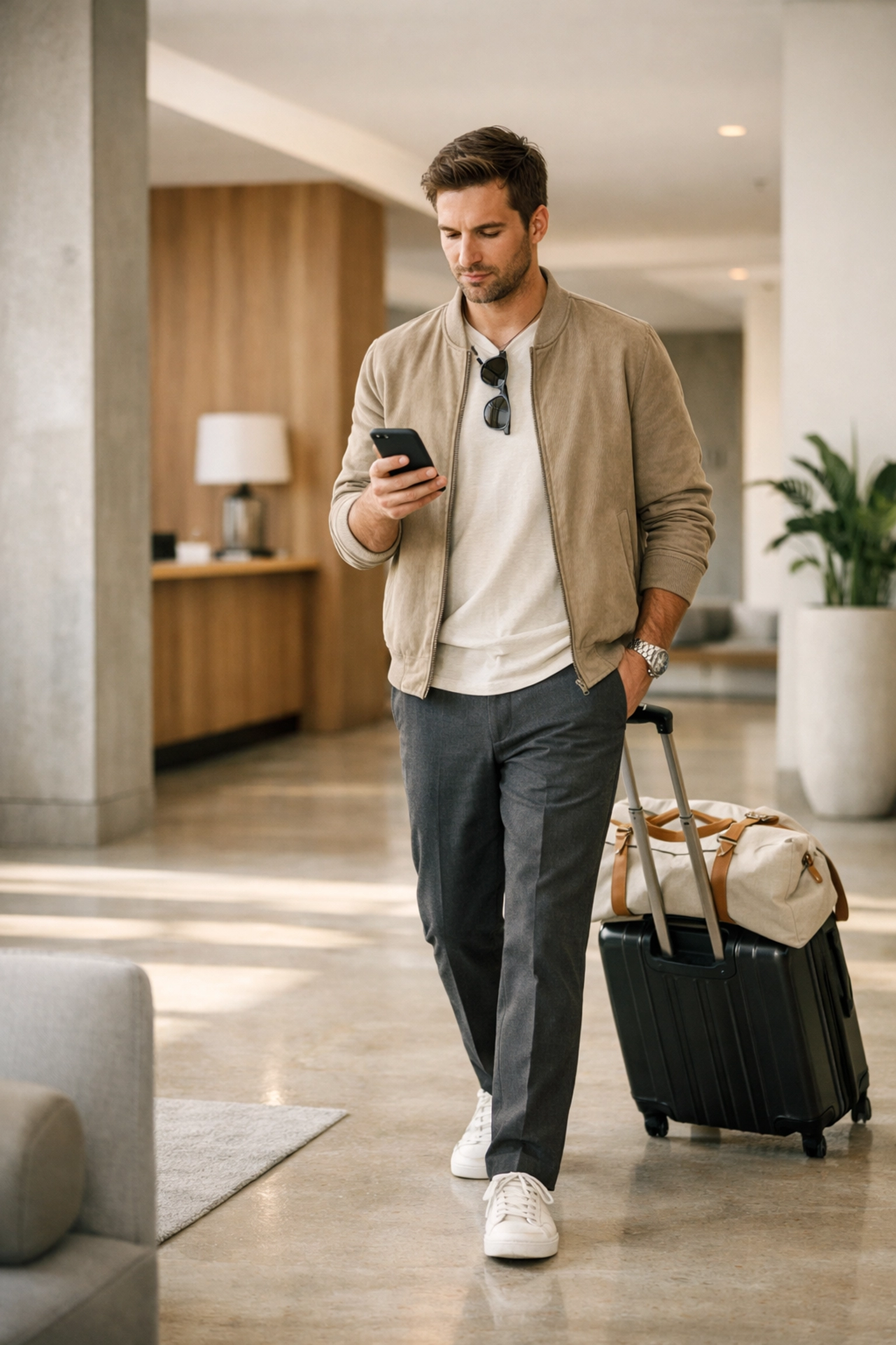 A traveler using a smartphone in a minimalist hotel lobby for a frictionless check-in experience.