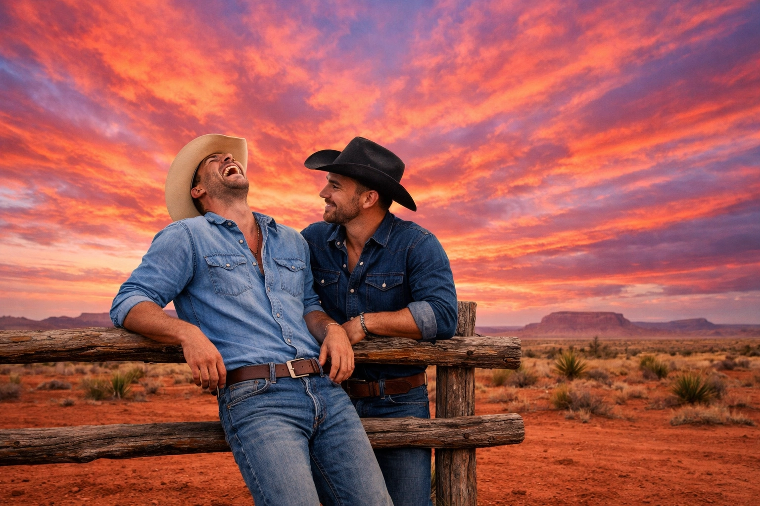 Two gay cowboys laughing in the Texas desert, capturing the spirit of Western MM fiction.