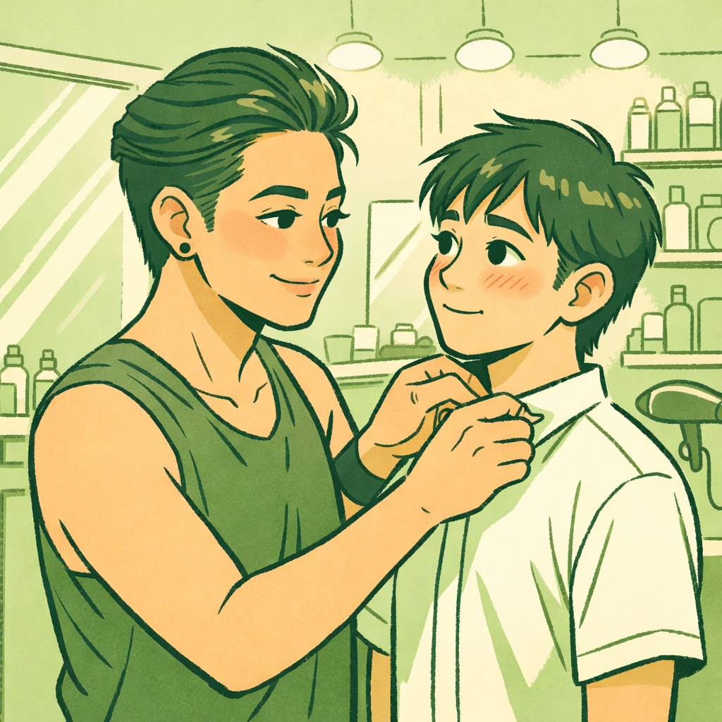 Bakla mentor guiding newcomer in Manila salon - Filipino LGBTQ+ community support