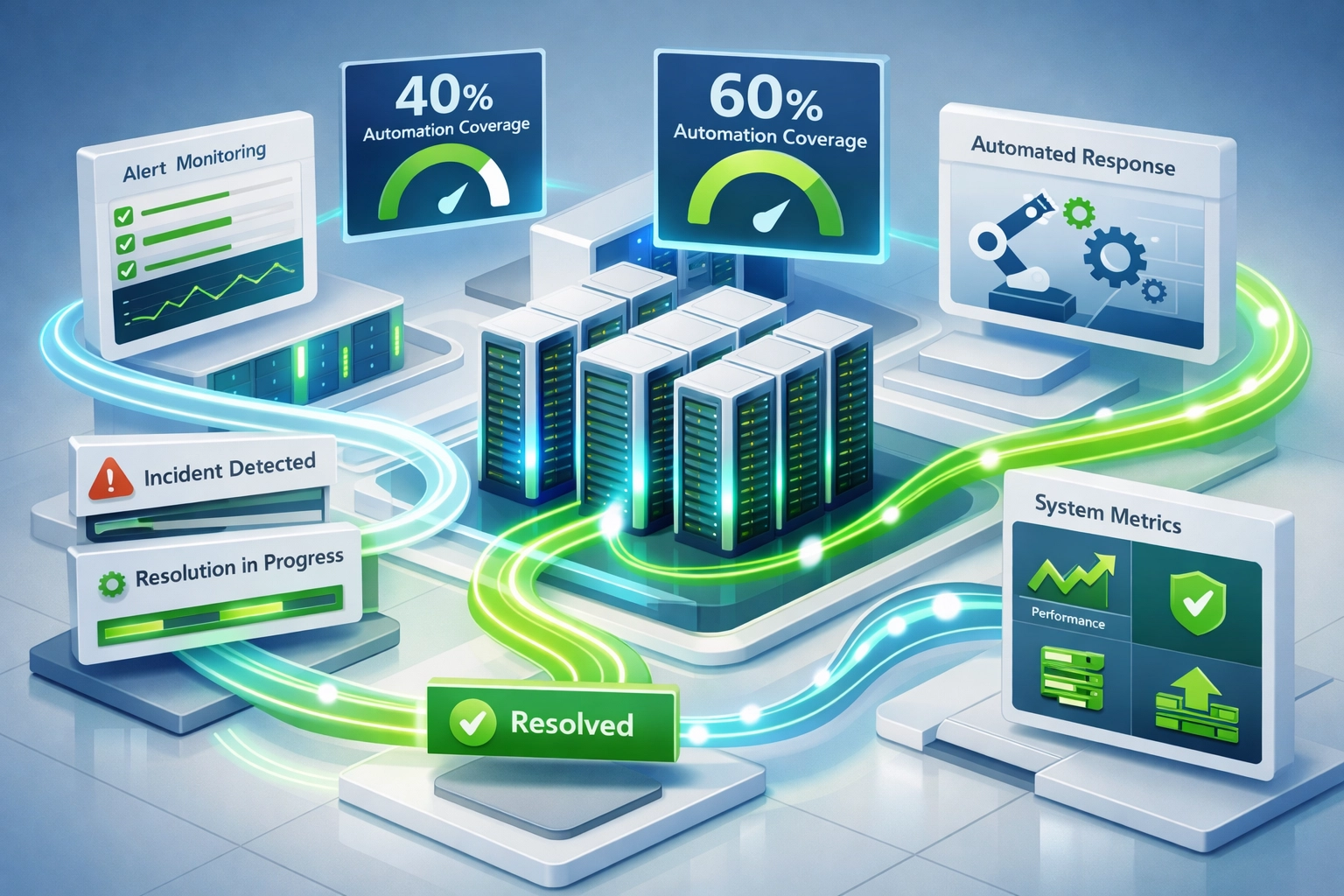 ServiceNow ITOM automated infrastructure with incident resolution workflows and optimization metrics