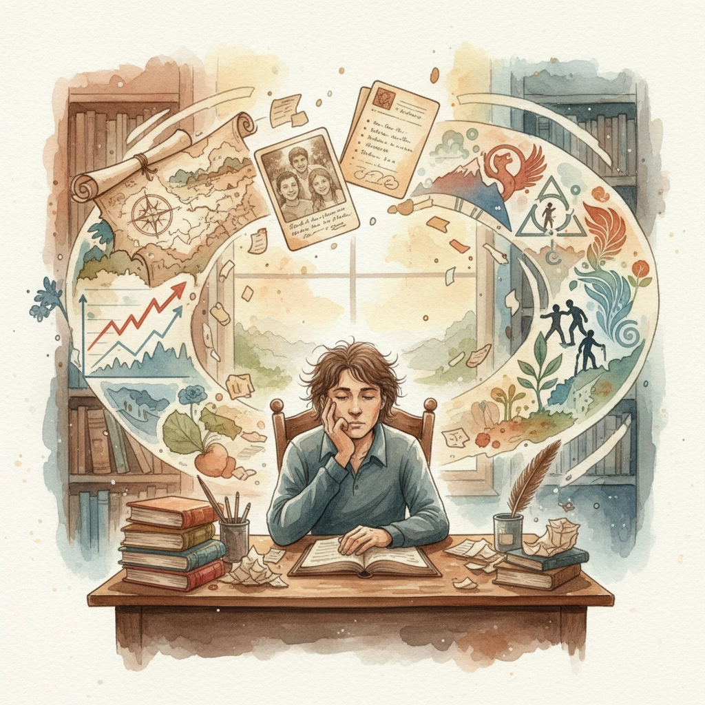 Watercolor-style illustration of a thoughtful writer sitting at a desk surrounded by books, papers, and a quill. Behind him, a swirl of imagery flows from his writing: maps, family photographs, graphs, nature, and symbolic drawings representing memories, growth, and life experiences. The scene conveys the process of transforming personal history into a memoir.