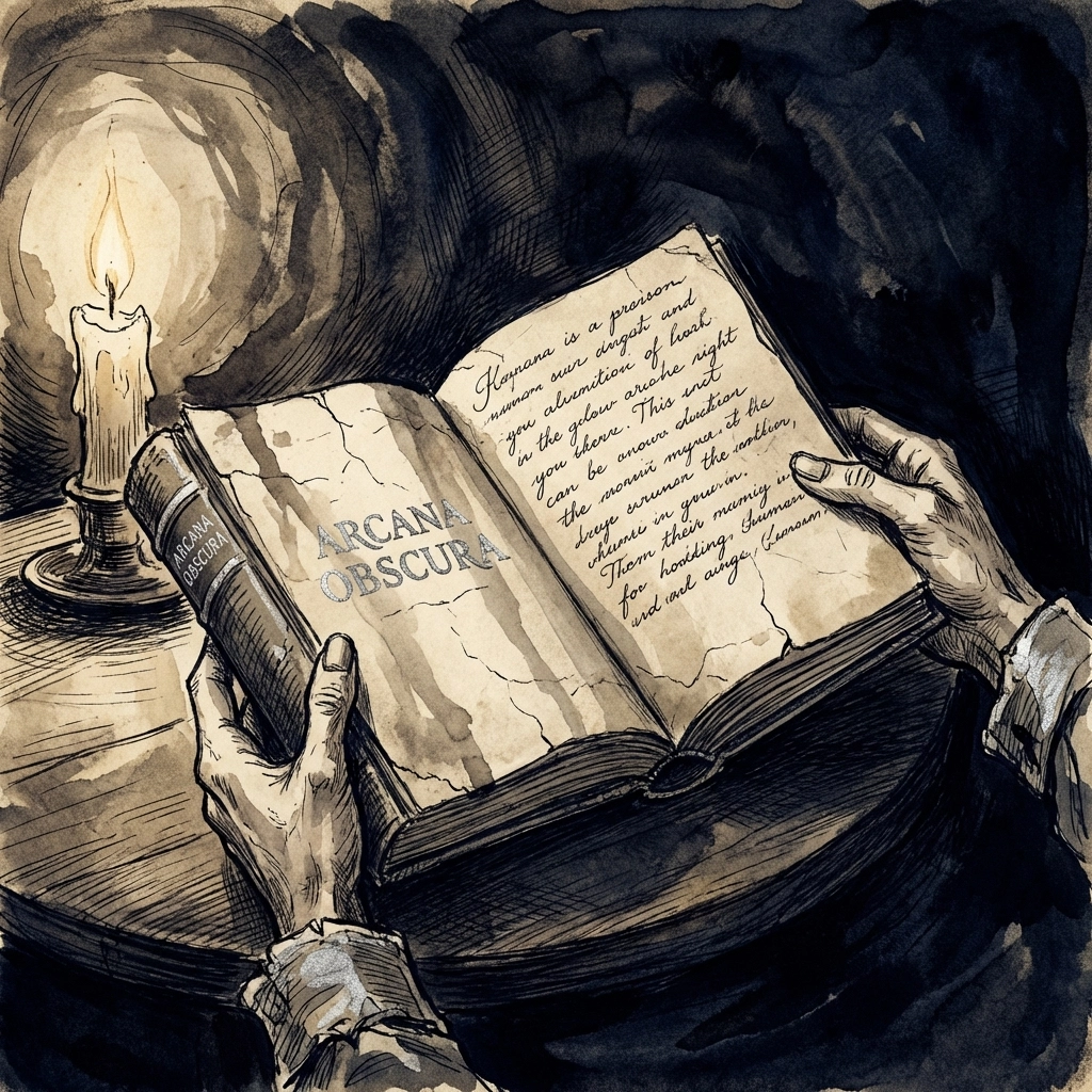 Close-up of hands holding an old book with handwritten pages, illuminated by candlelight, capturing the Dark Academia mystery.