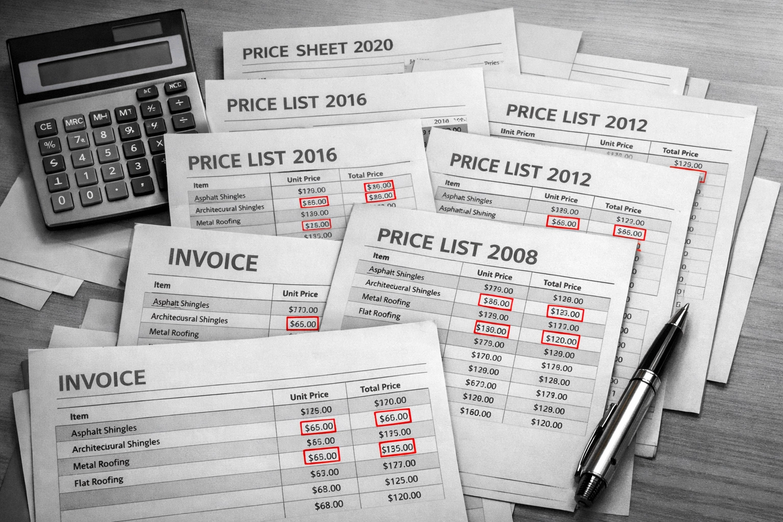 Roofing material price sheets showing stable pricing from 2008-2020 in Salisbury MD