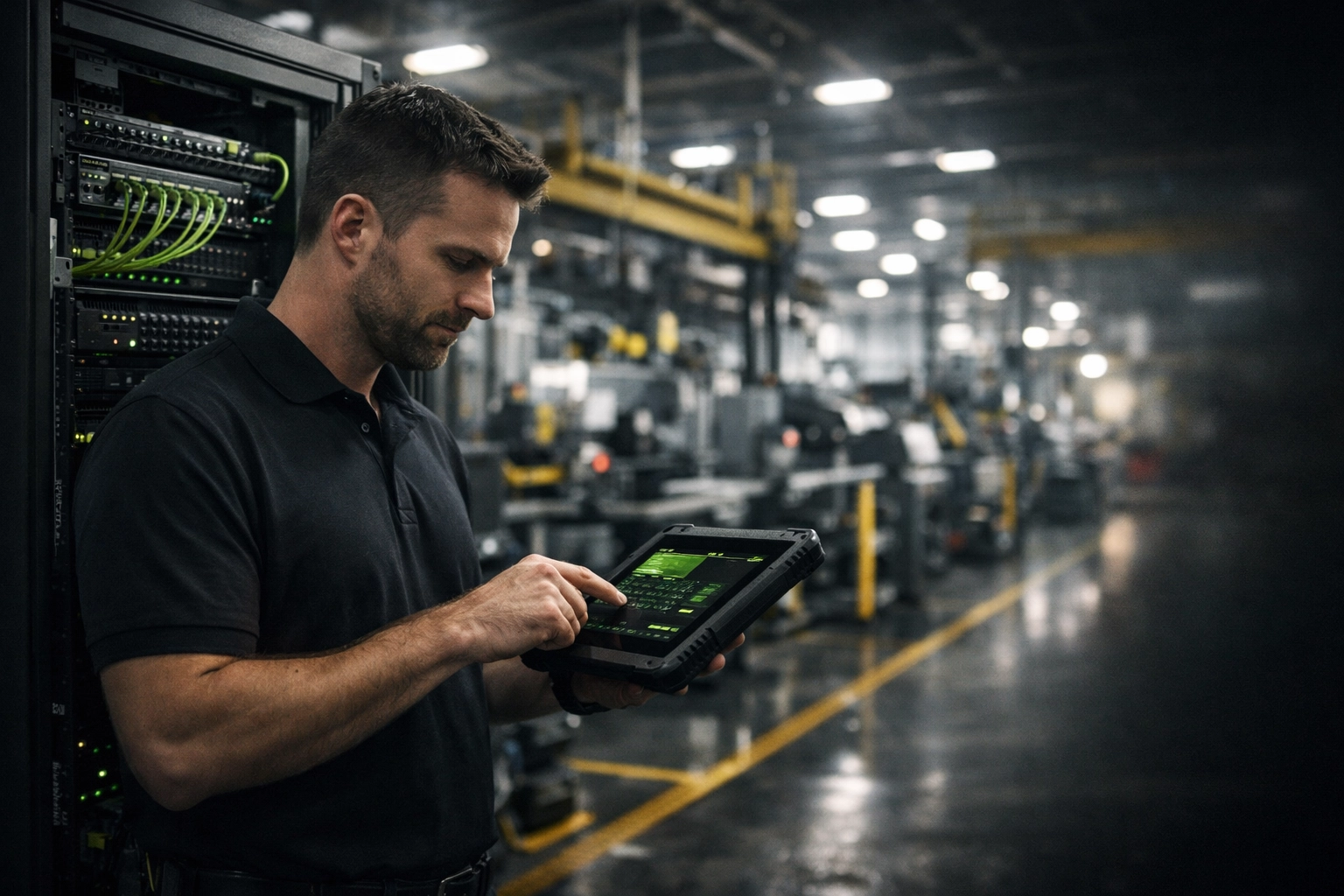 IT professional providing managed IT services at an Omaha manufacturing facility to prevent network downtime.