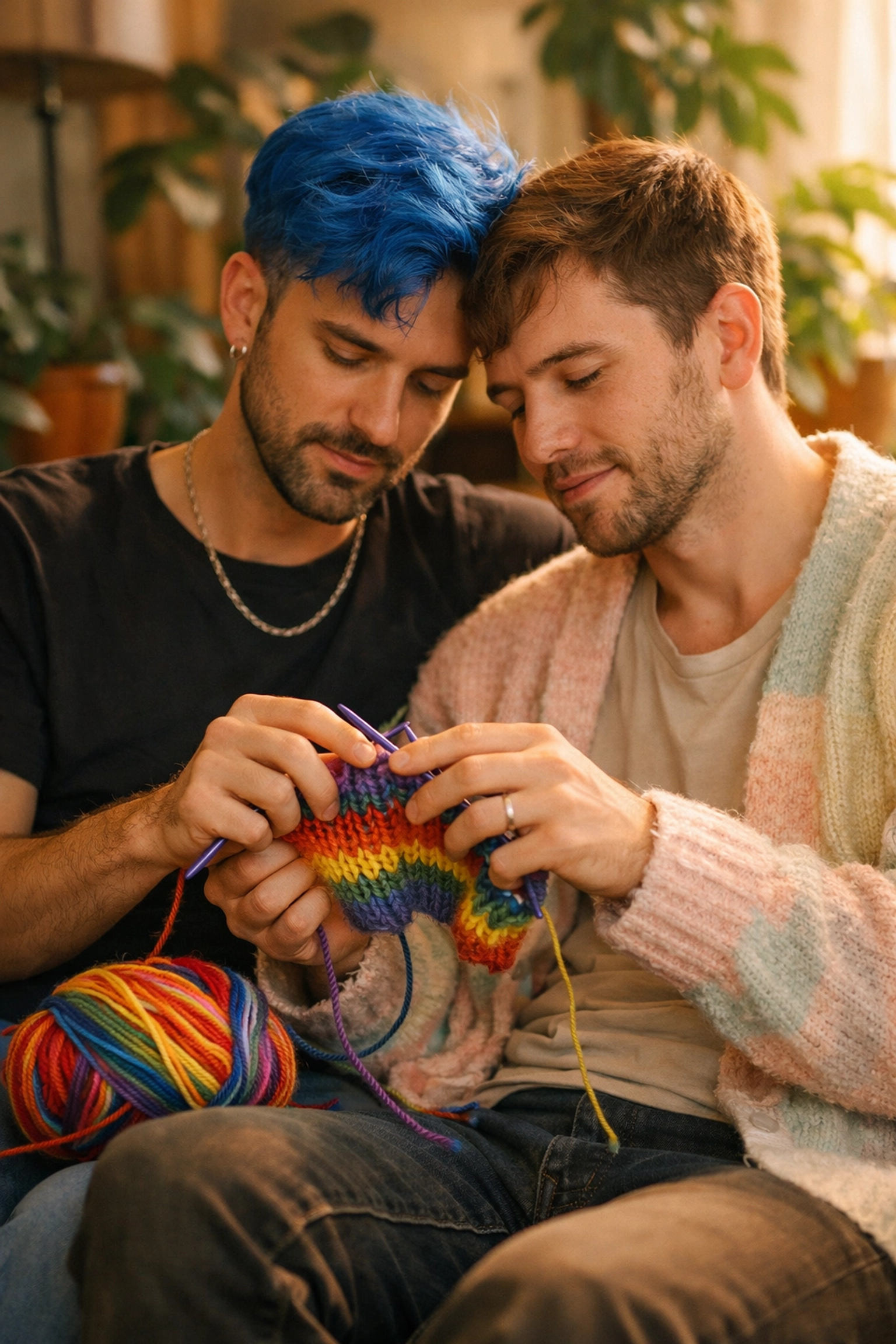 Two stylish queer men knitting together in a sunlit room, building connection through hands-on hobbies.