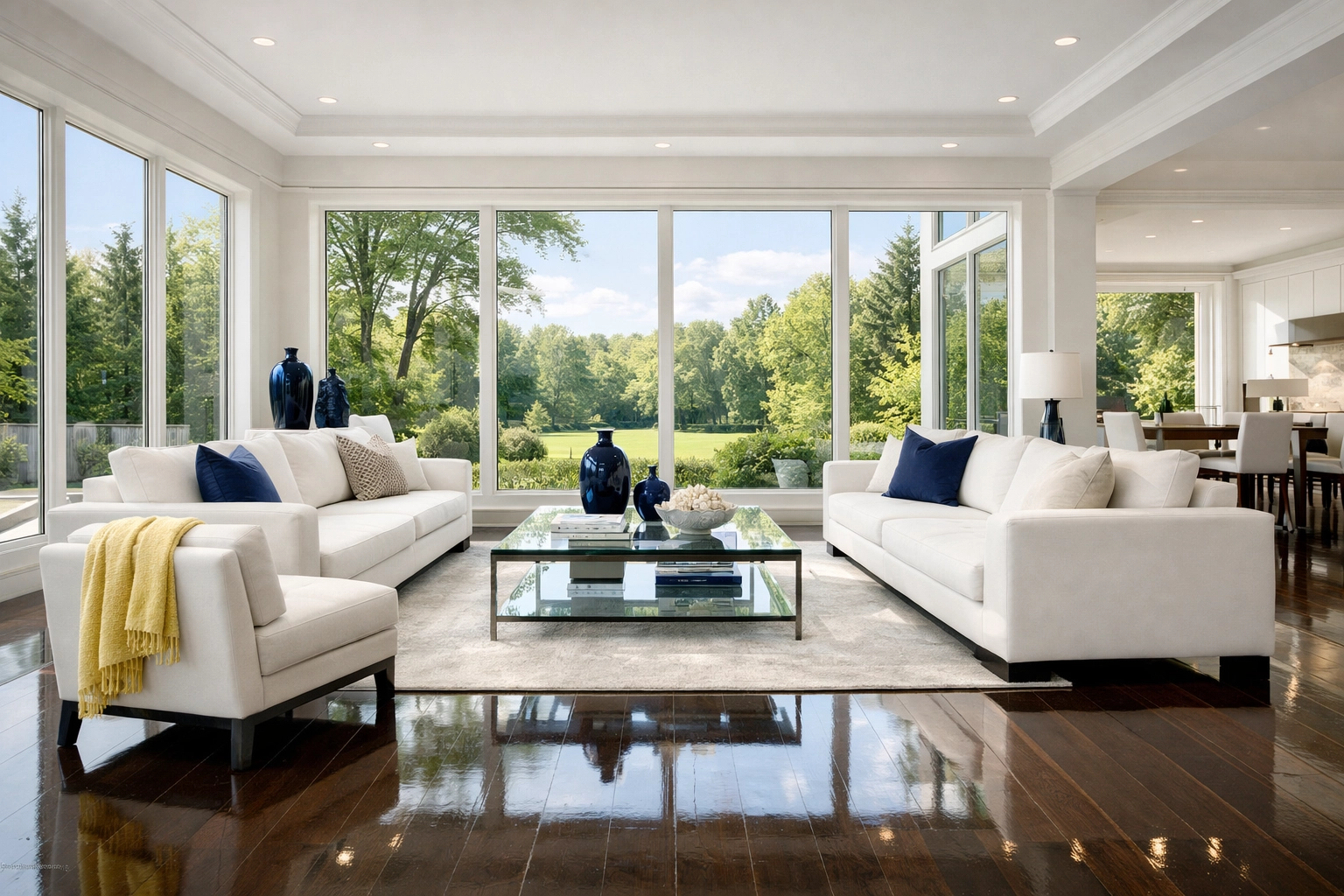Spotless luxury living room with dark hardwood floors, a result of professional residential cleaning Massachusetts.