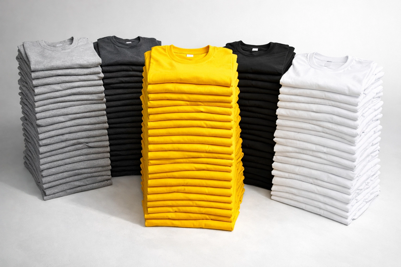Stacks of folded bulk custom t shirts representing significant savings on high-volume apparel orders.