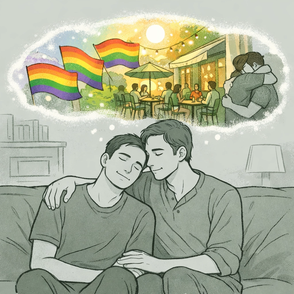 Gay man dreaming of colorful Pride parades and connection while alone in grey apartment