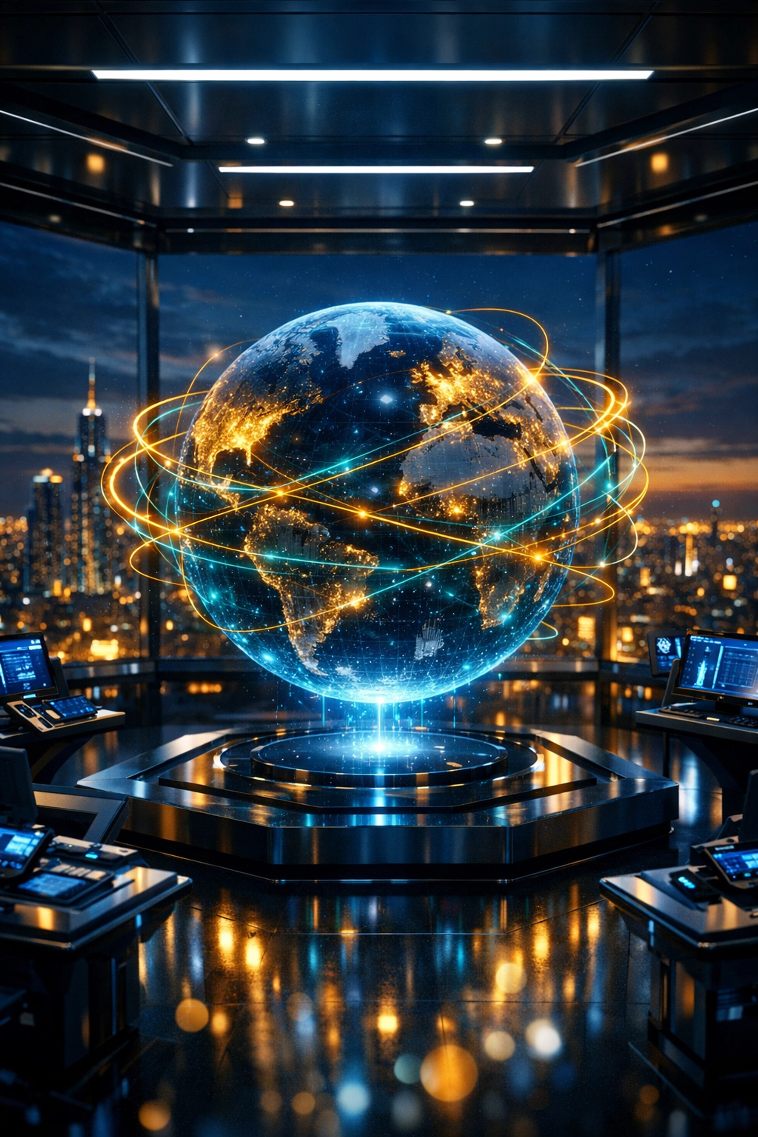 Global decentralized payment network shown as a holographic globe representing the future of digital commerce.