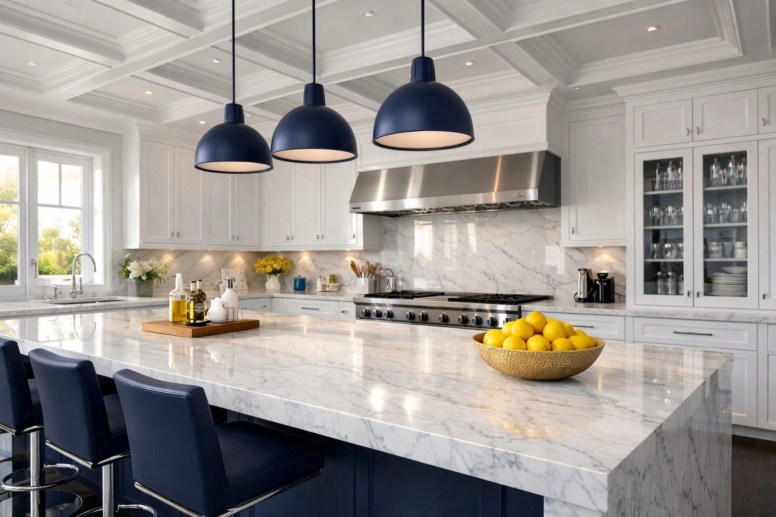 Pristine marble countertops in a Dover home after high-end residential cleaning Massachusetts.