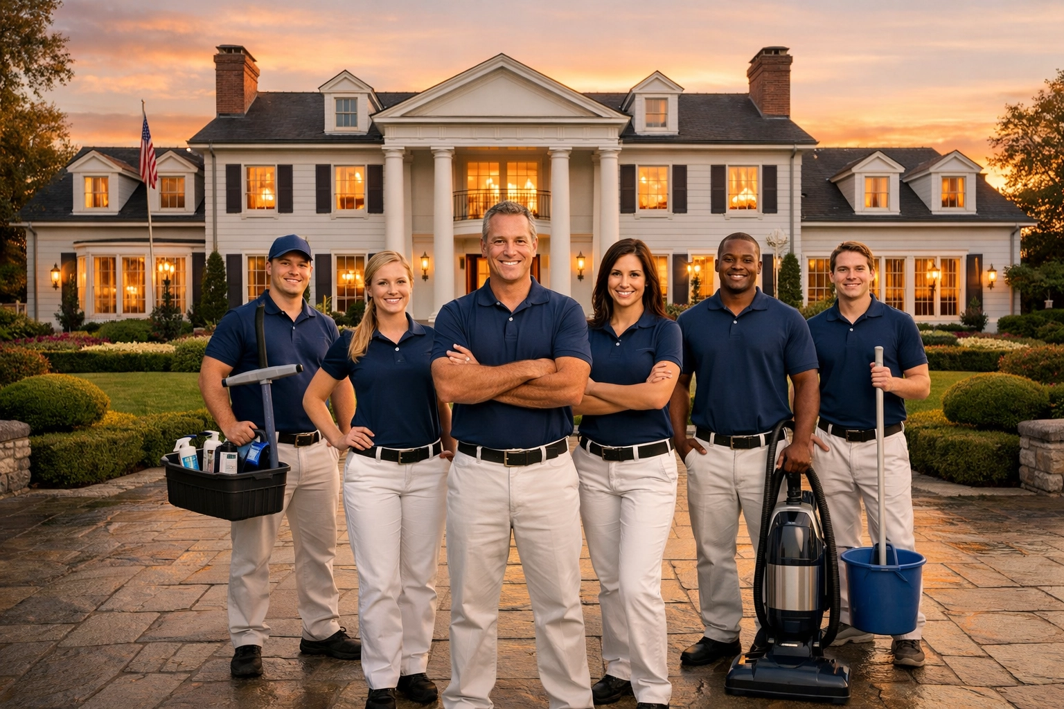 Professional cleaners in uniform standing before a luxury colonial estate in Westwood.