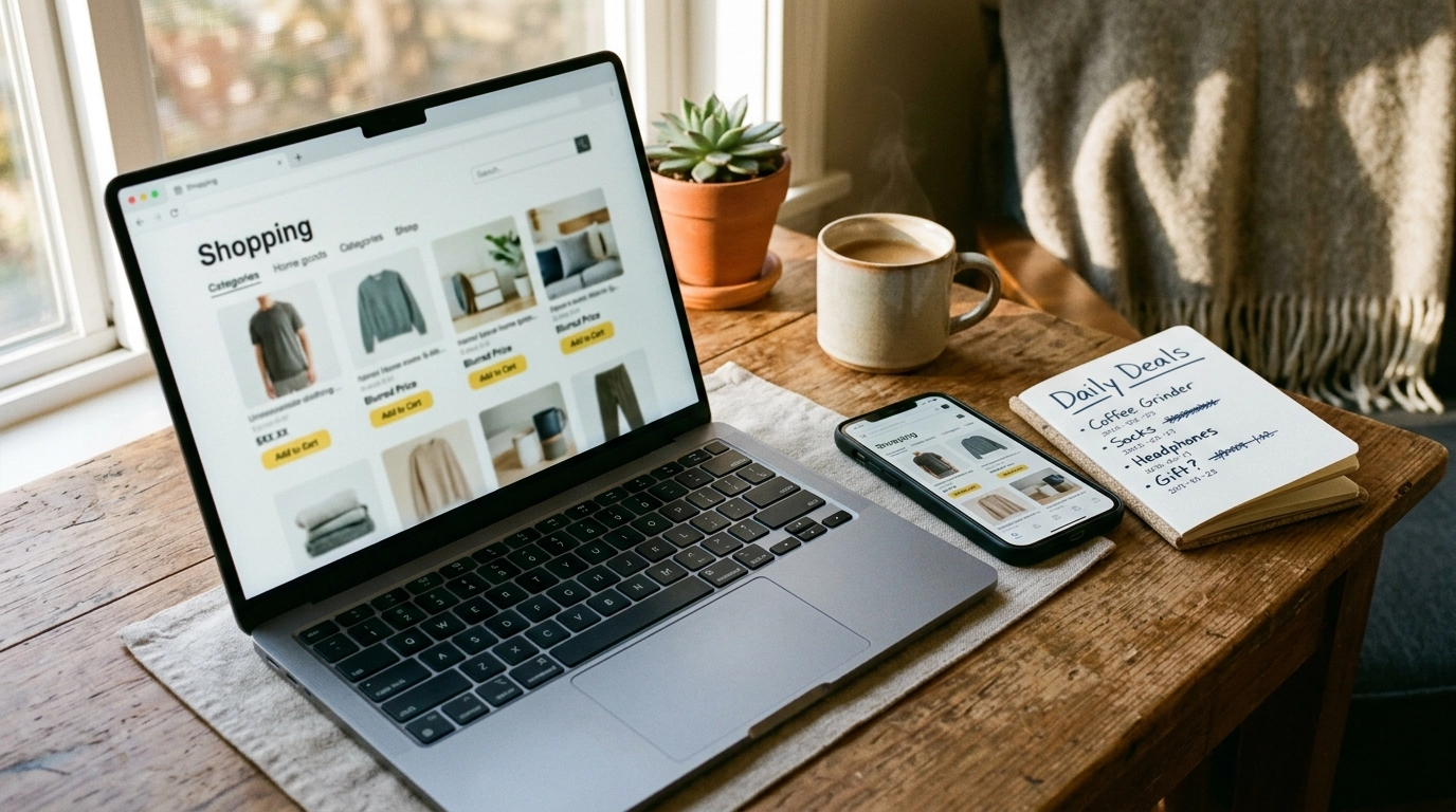 Laptop + phone shopping setup